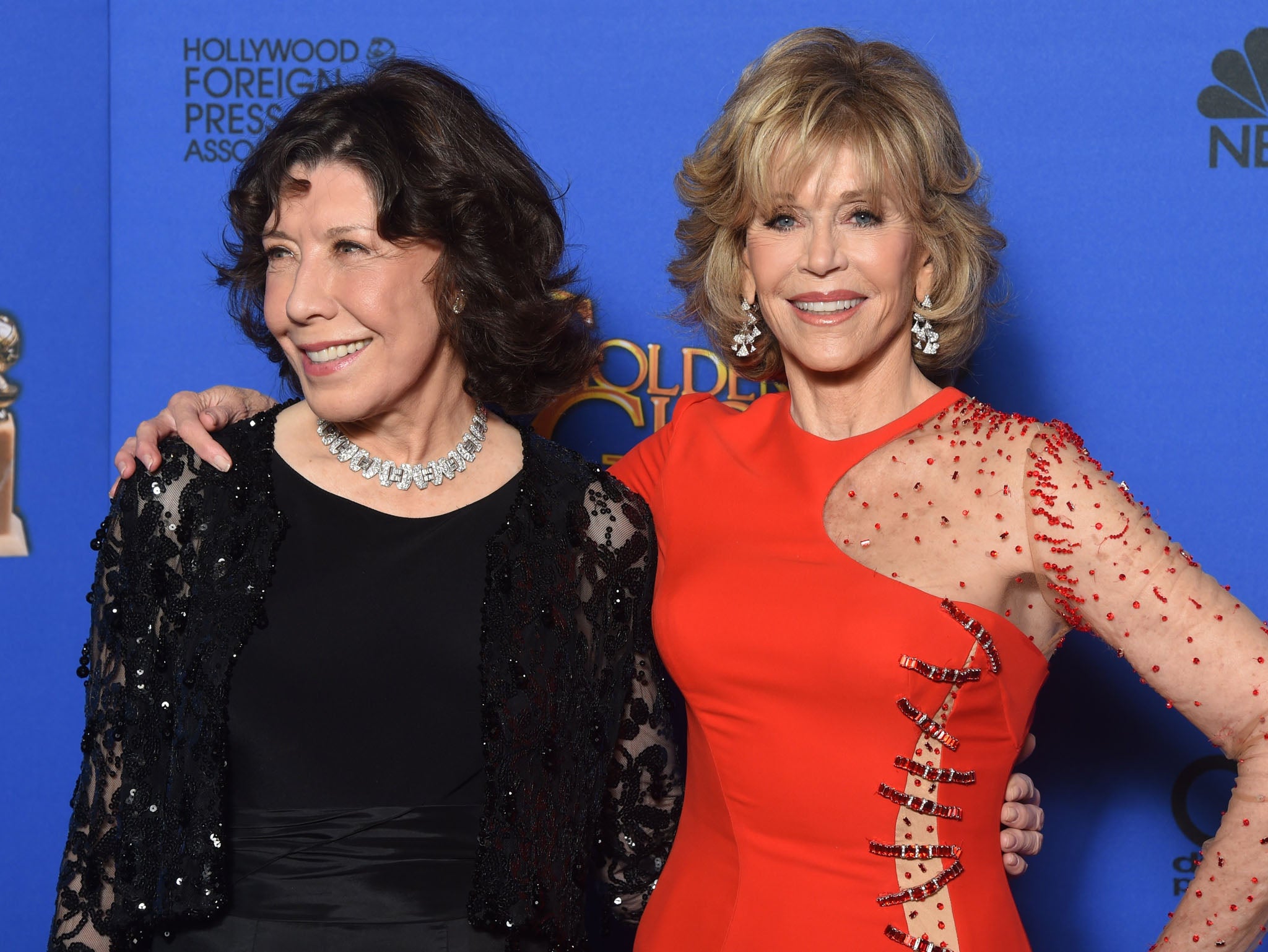 Lily Tomlin and Jane Fonda at the 72nd Annual Golden Globes ceremony in Los Angeles