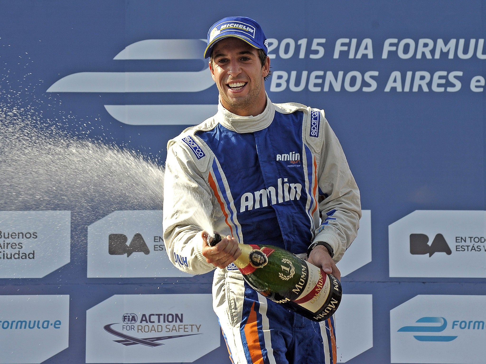 Antonio Felix Da Costa celebrates his victory on the streets of Buenos Aires