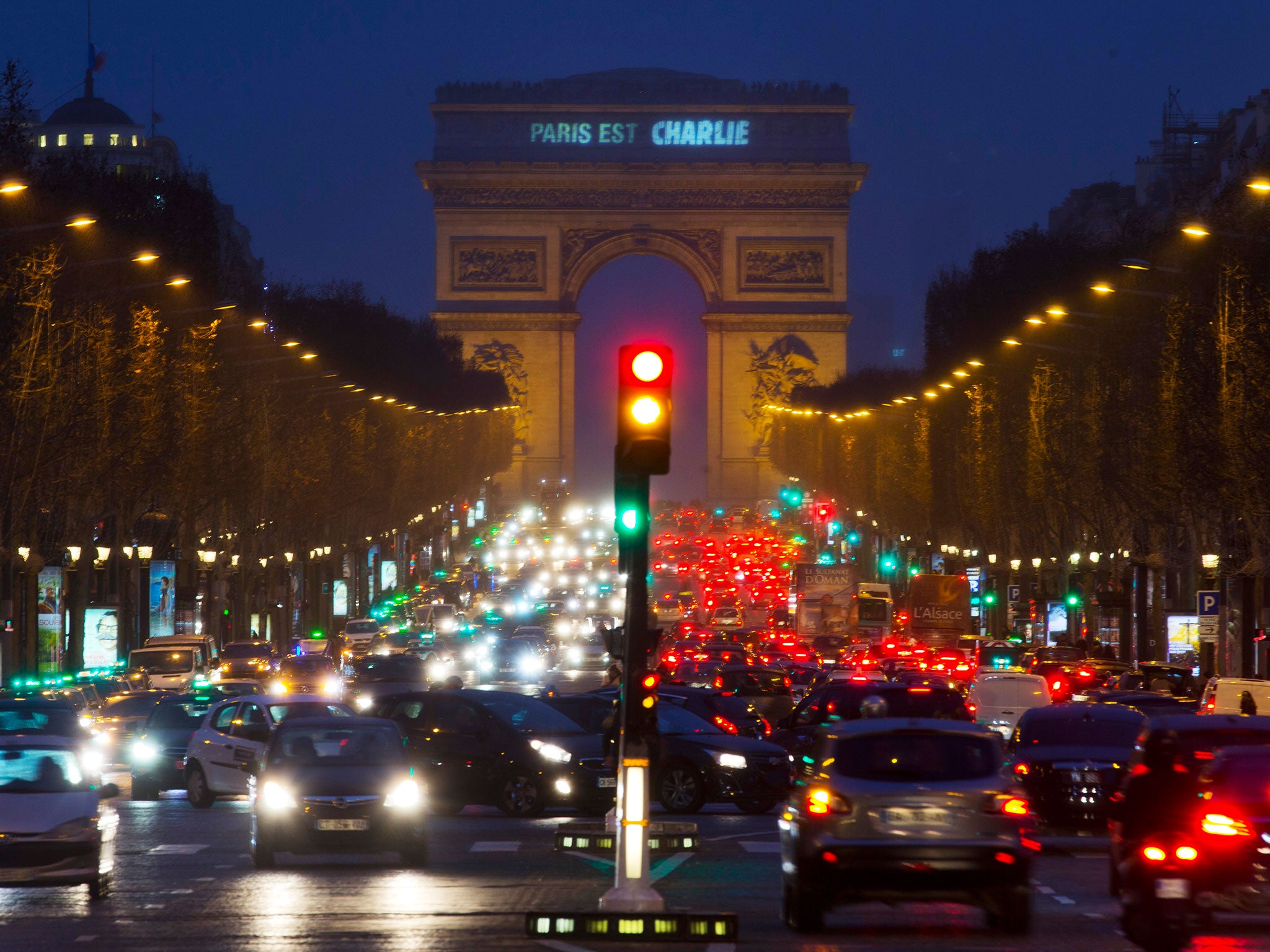 A sign on the Arc de Triomphe reads "Paris is Charlie" in solidarity with the victims of the shooting at the satirical newspaper Charlie Hebdo in Paris