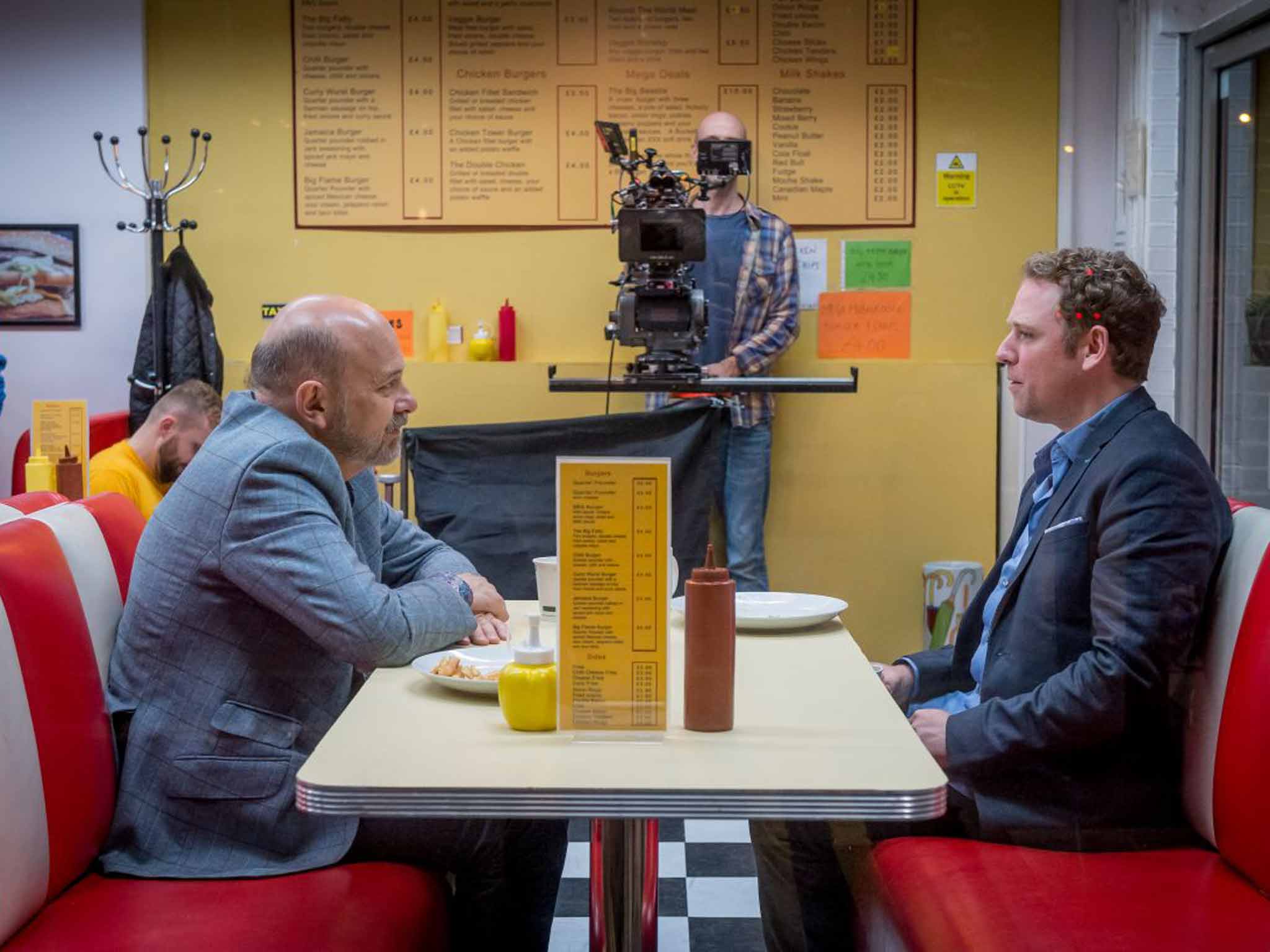 Saucy stuff: Vincent Franklin and Rufus Hound on the set of 'Cucumber'