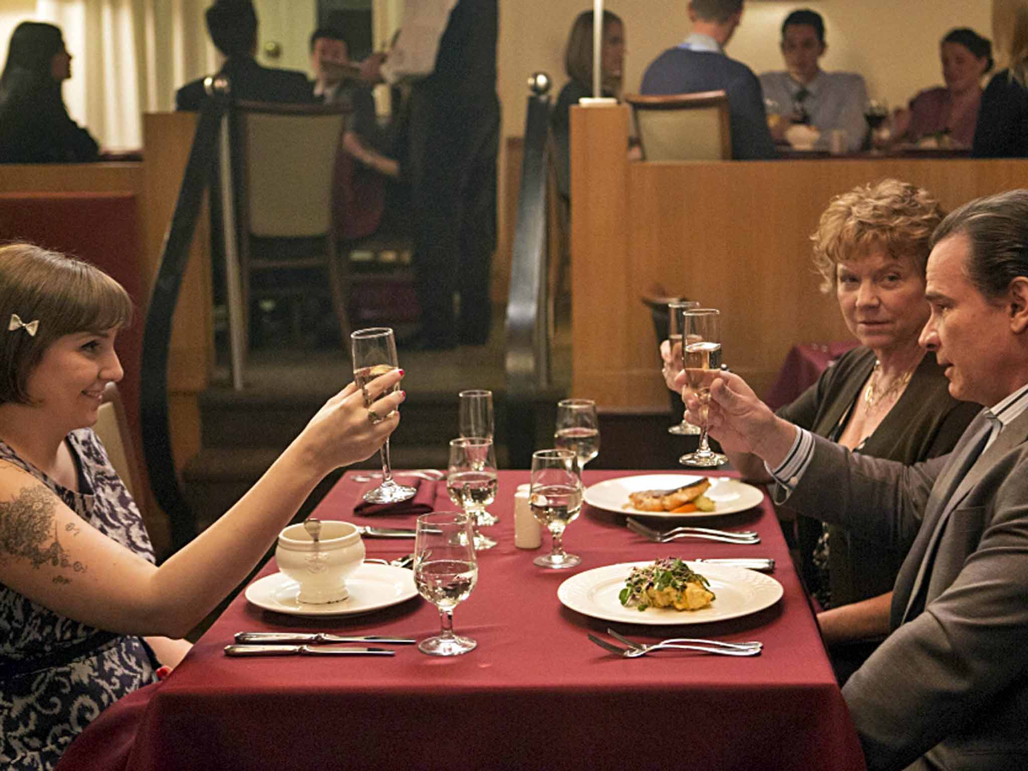 Making a meal of it: Lena Dunham, Becky Ann Baker and Peter Scolari in 'Girls'