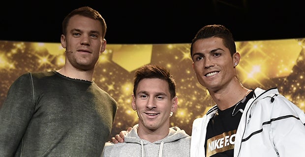 One of Manuel Neuer, Lionel Messi or Cristiano Ronaldo (L-R) will be named winner of the prestigious Ballon d'Or in Zurich