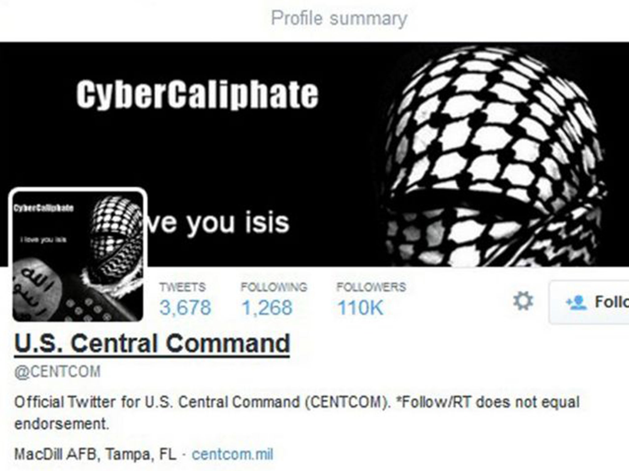 A computer screenshot shows the U.S. Central Command Twitter feed after it was apparently hacked