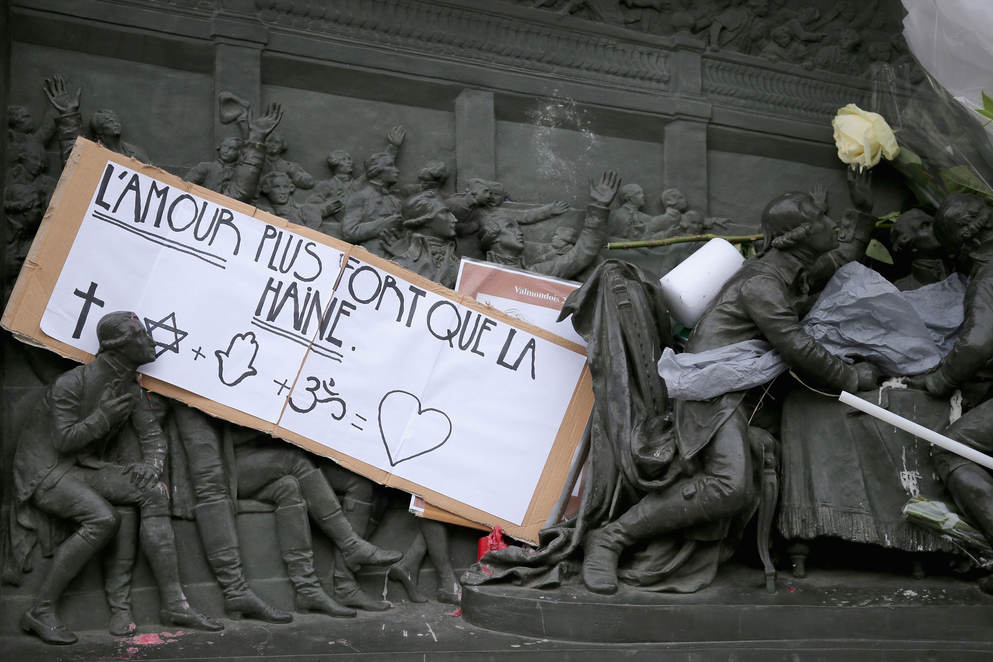 Tributes to the victims of the recent terror attacks in France adorn the reliefs surrounding the monument at Place de la Republique