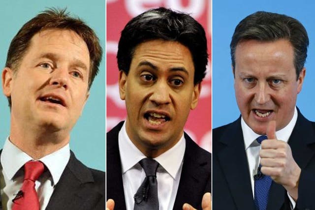 Nick Clegg, Liberal Democrats, Ed Miliband, Labour, and David Cameron, Conservatives
