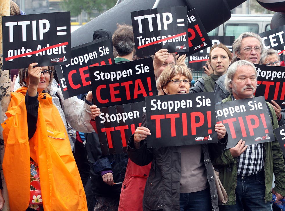 Protestors take part in a demonstration against the TTIP, in Berlin, last September