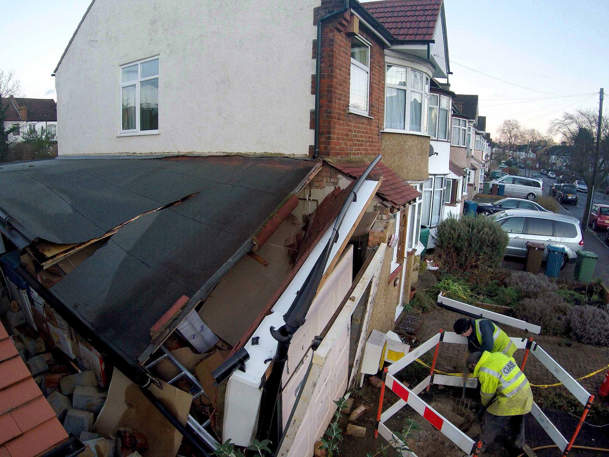 A garage damaged by a suspected tornado in Harrow, north west London