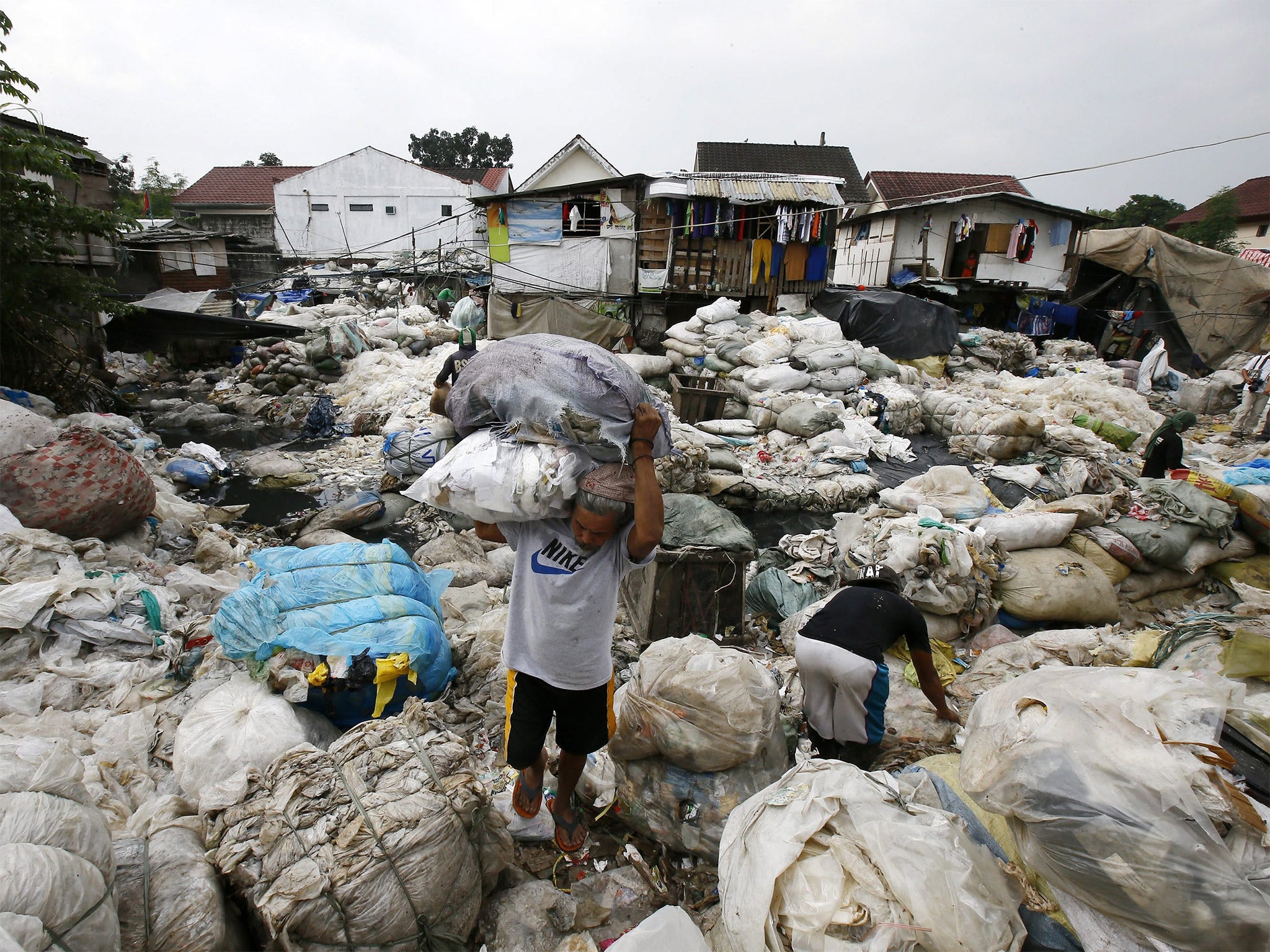 A Filipino scavenger collects recyclable food at a dump site in Manila