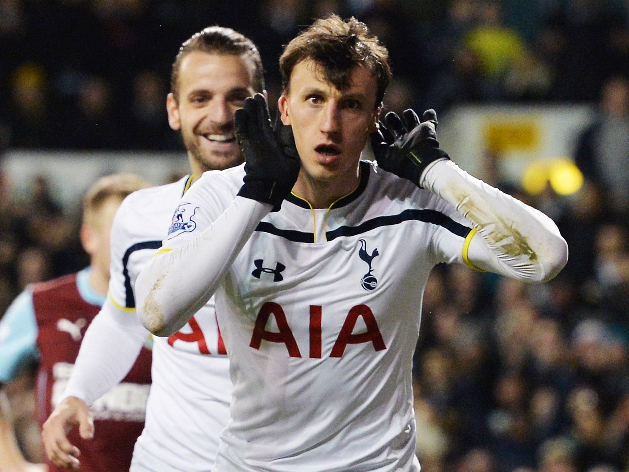 Vlad Chiriches celebrates after scoring Tottenham’s third goal