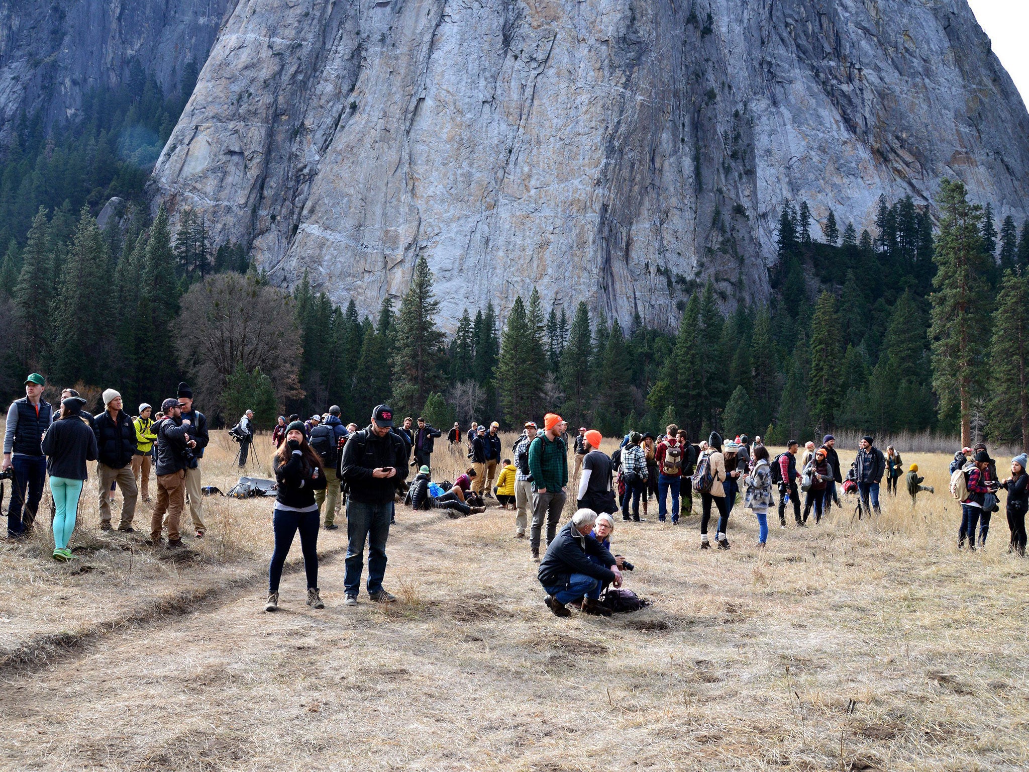 Spectators watching US climbers Tommy Caldwell and Kevin Jorgeson on the 914-meter El Captain's Dawn Wall