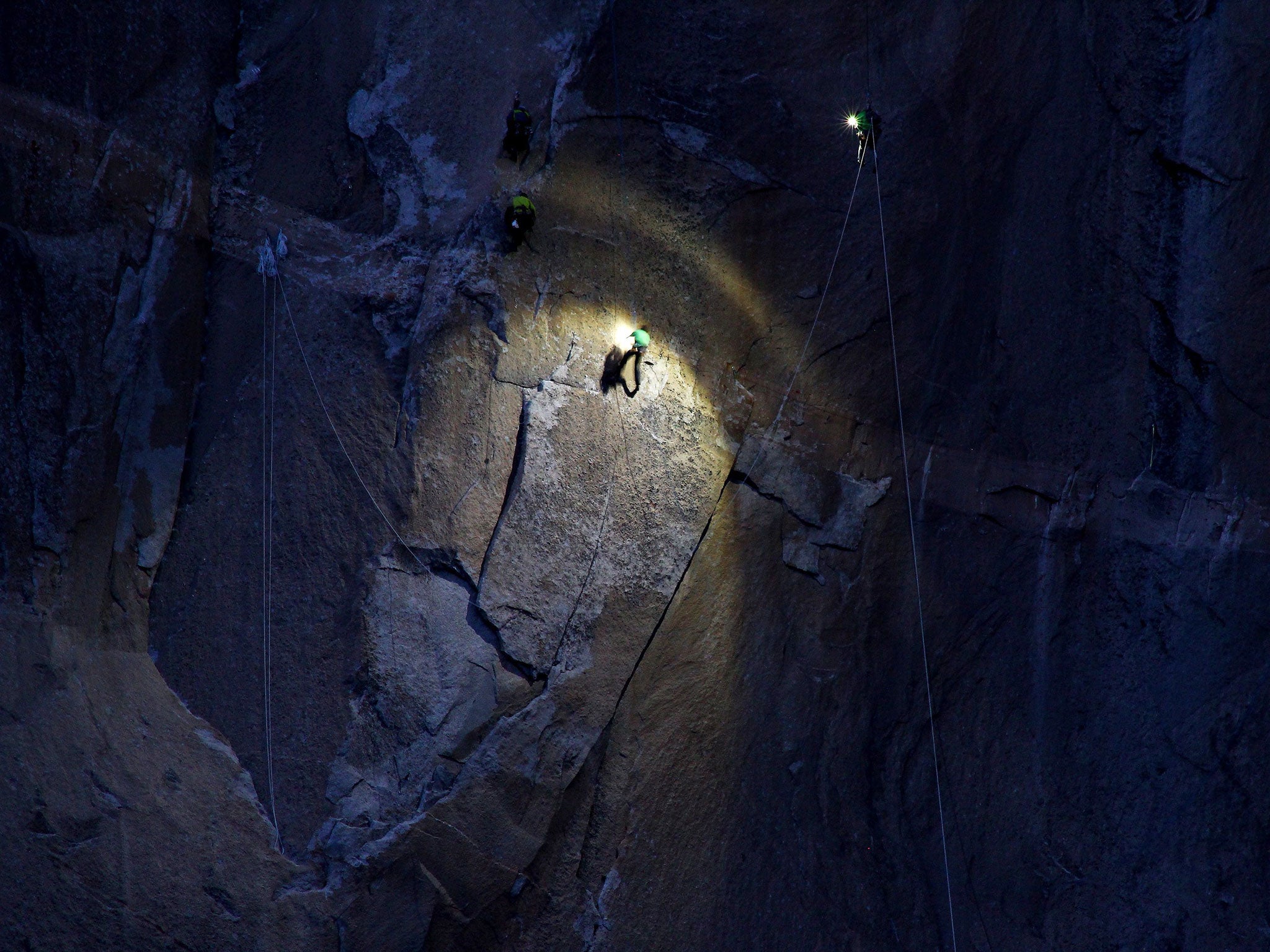 Tommy Caldwell and Kevin Jorgeson on the 914-meter El Captain's Dawn Wall at night