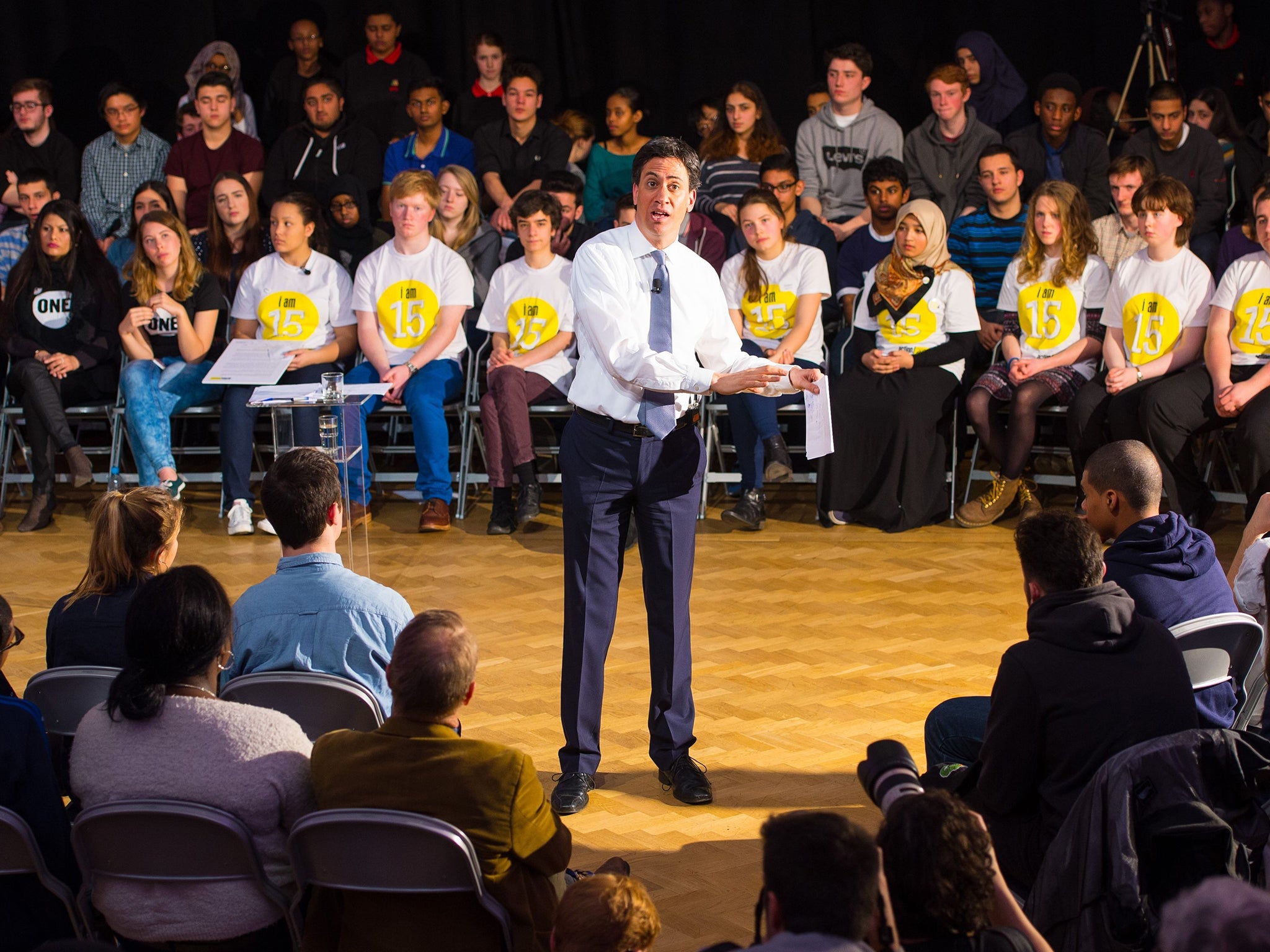 Ed Miliband speaking about climate change at a school in London yesterday