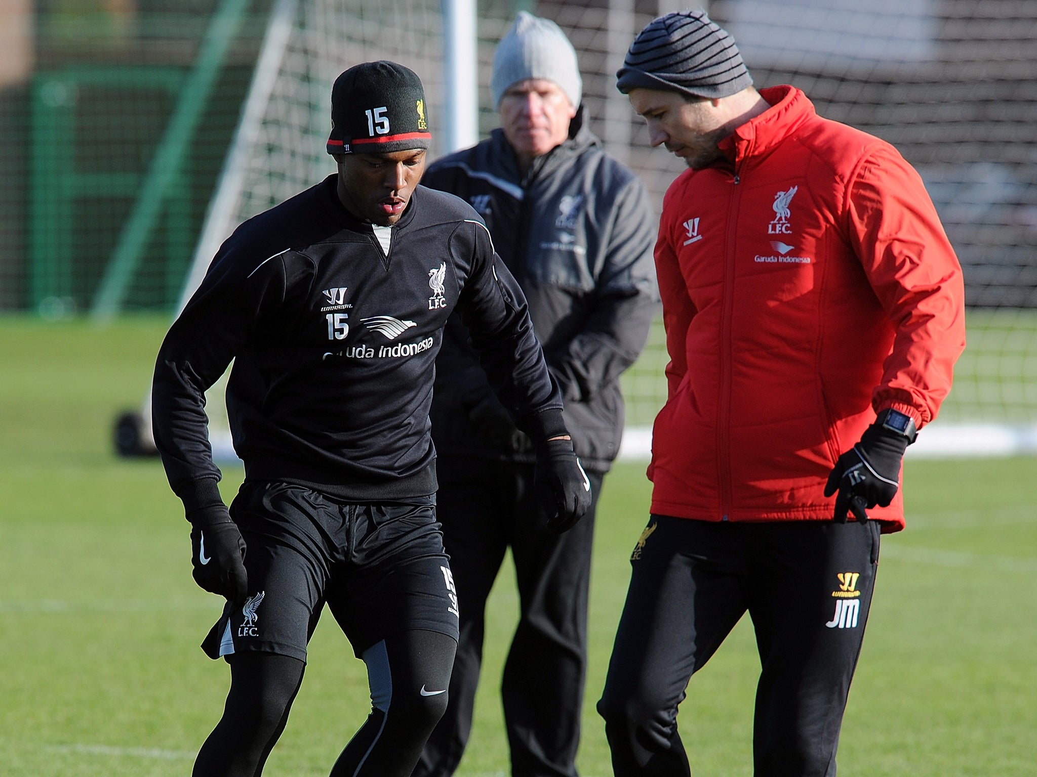 Daniel Sturridge trains at Melwood yesterday as he continues his recovery from injury