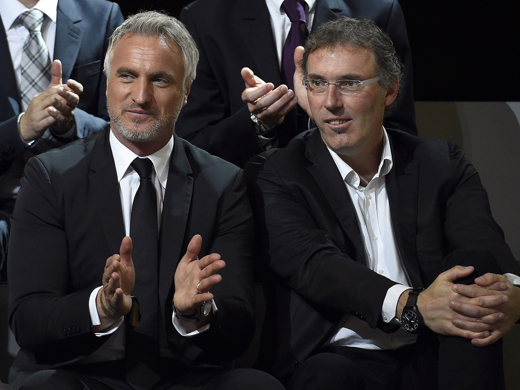 David Ginola alongside PSG coach Laurent Blanc