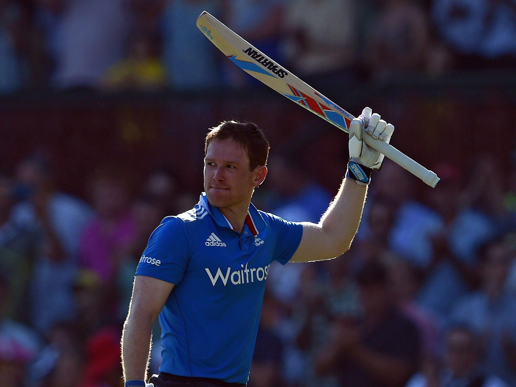 Eoin Morgan salutes the crowd after his admirable 121 against Australia