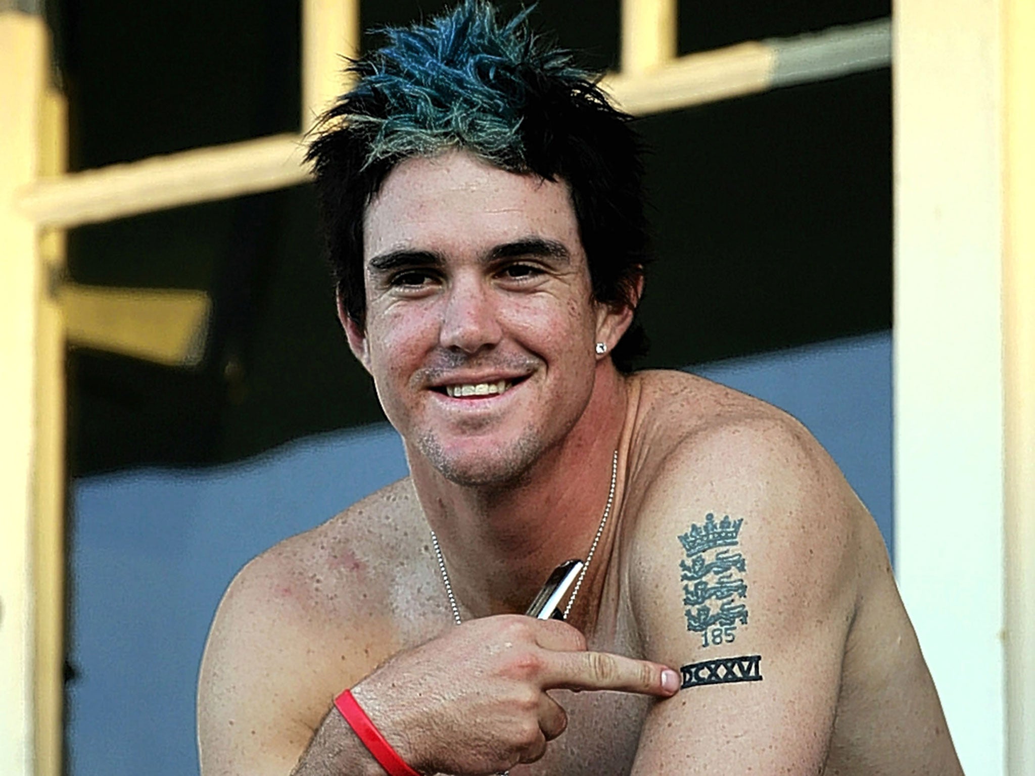 Kevin Pietersen displays the three lions tattoo he now blushes at