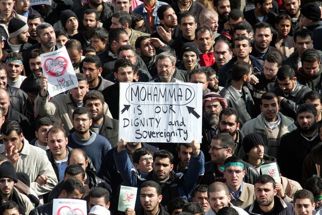 Protesters gather in Jordan against the publication of cartoons depicting the Prophet Mohamed by European newspapers in 2006