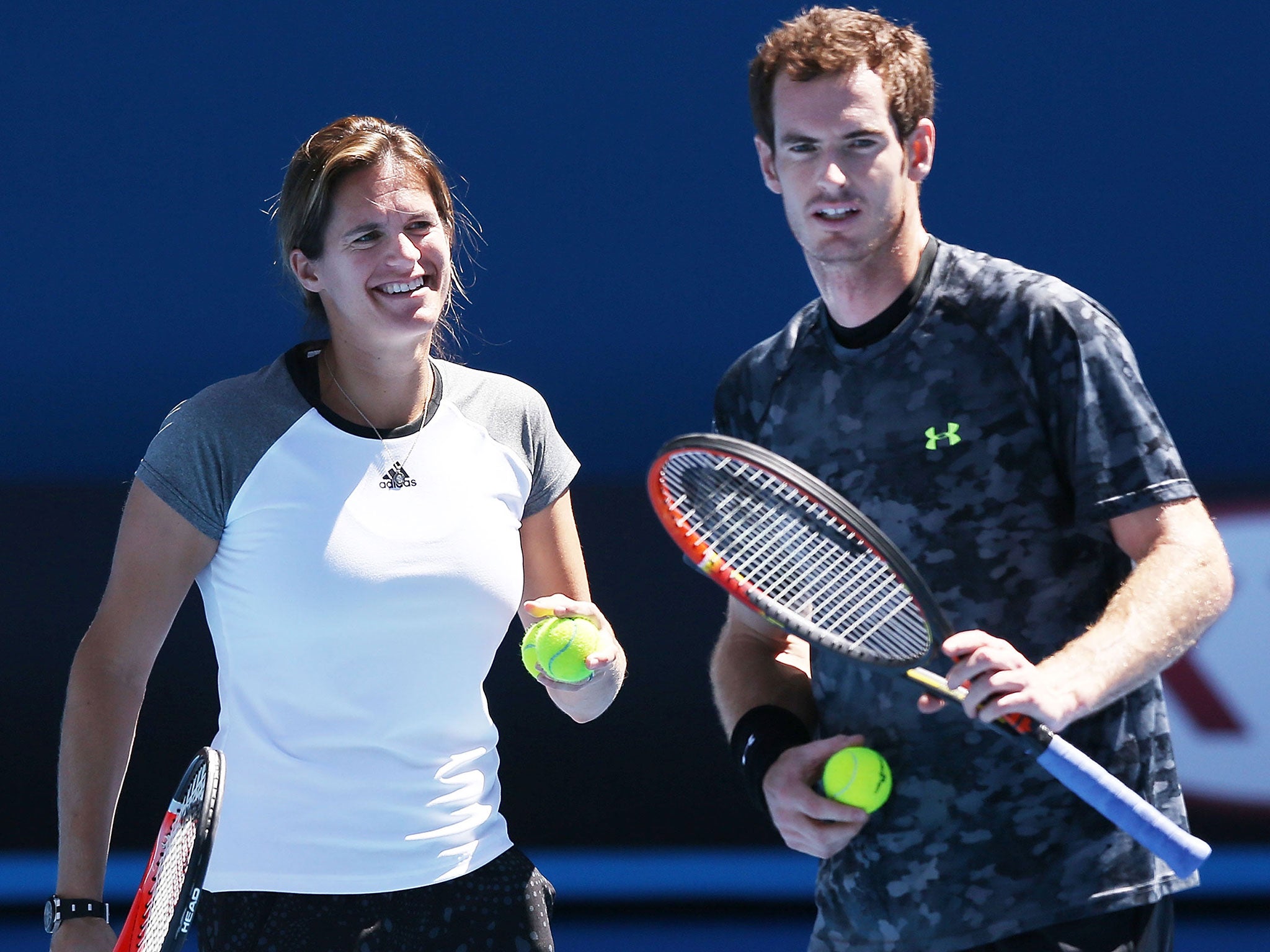 Andy Murray (right) works with coach Amélie Mauresmo during a practice session ahead of the Australian Open
