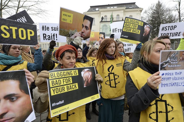 Rights protesters at the Saudi embassy in Vienna yesterday