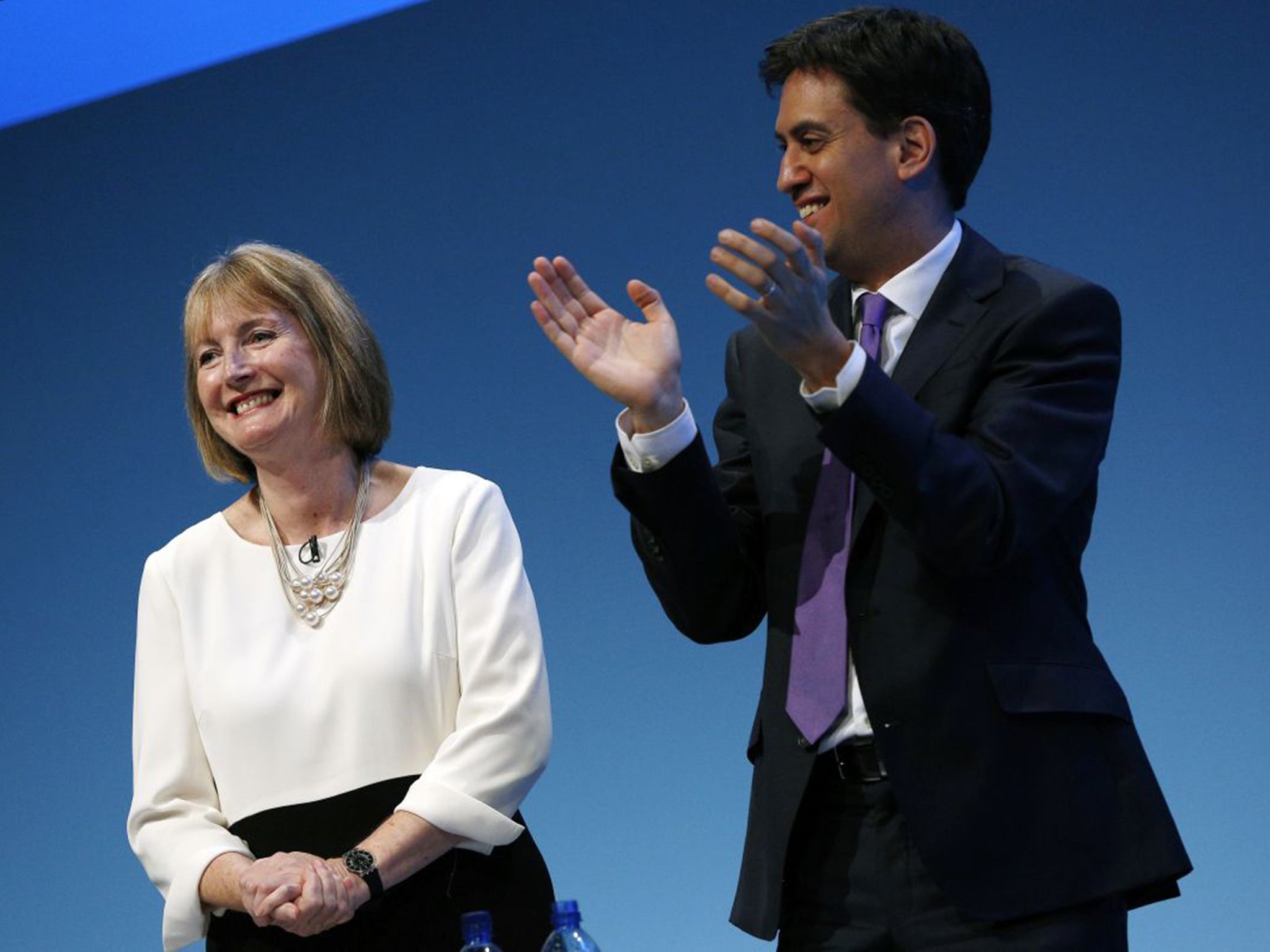 Harriet Harman, with Ed Miliband, is launching a “manifesto for women” (AFP)