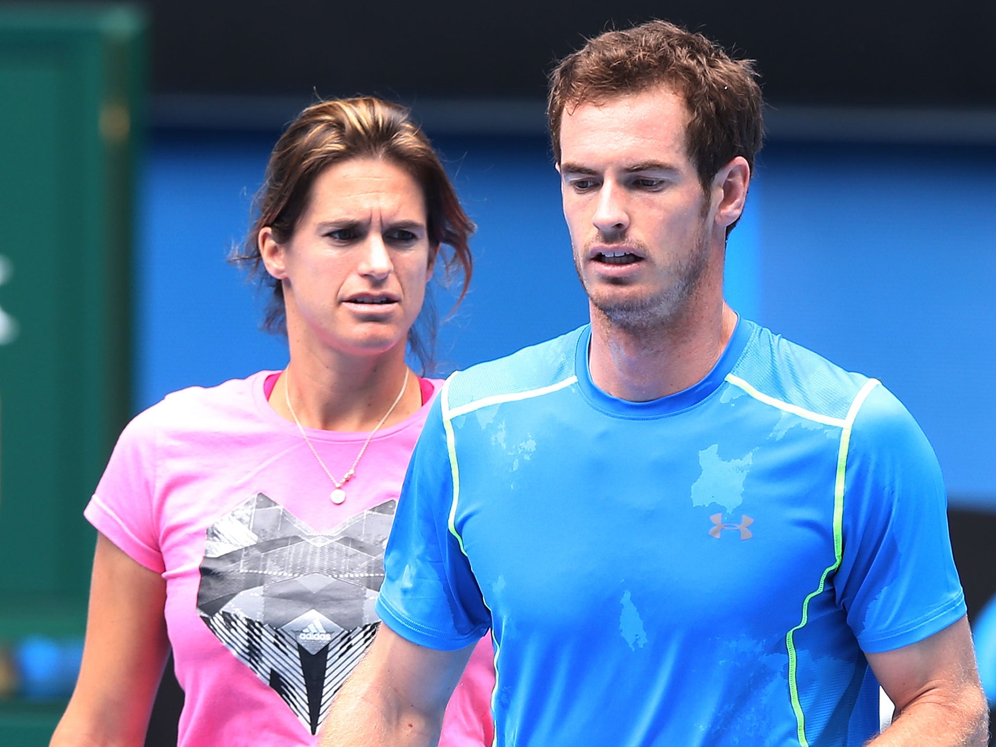 Andy Murray of Great Britain is seen with coach Amelie Mauresmo