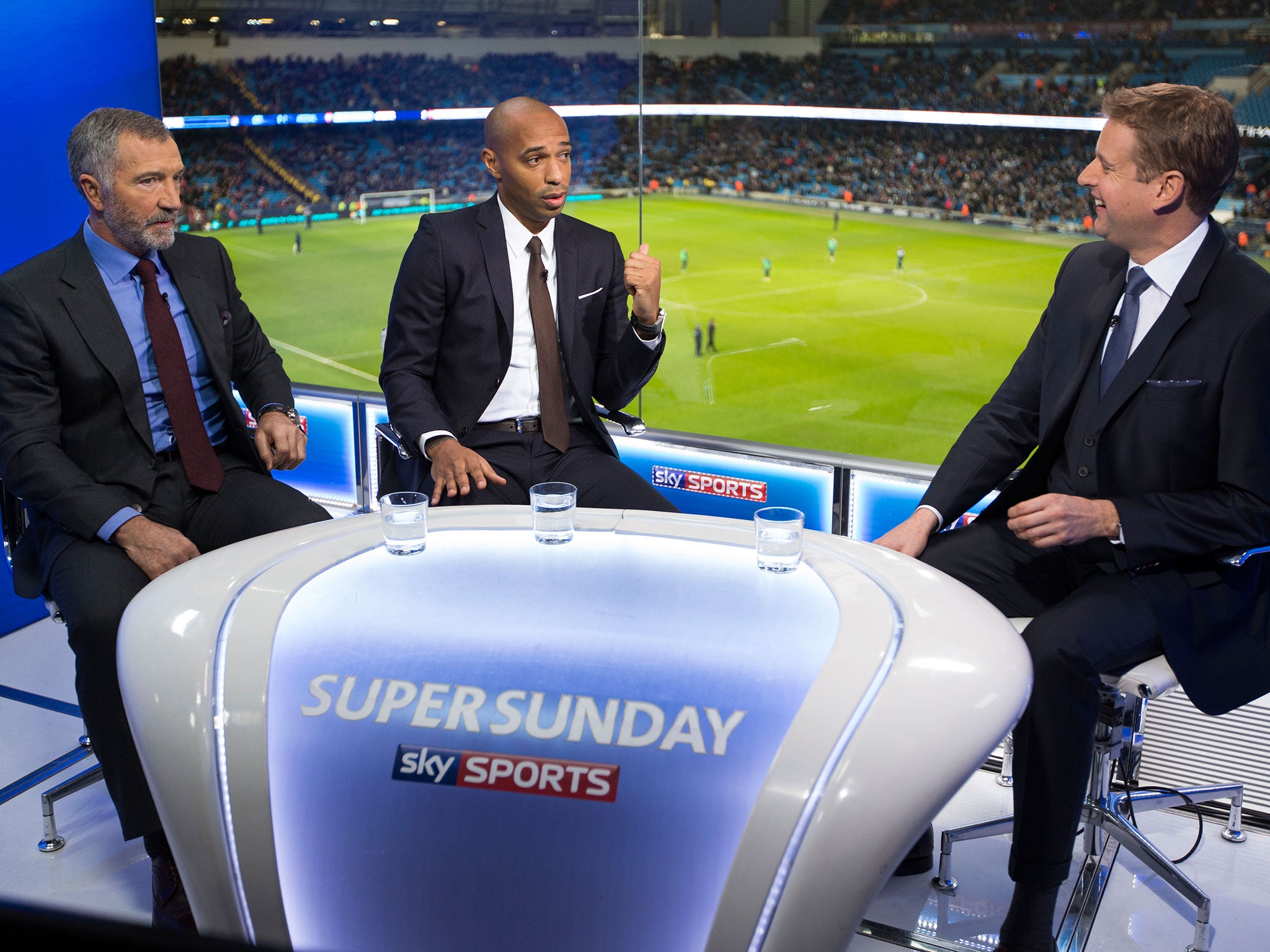 Thierry Henry (centre), Graeme Souness (left) and Ed Chamberlain (right) in the Sky studio at the Etihad