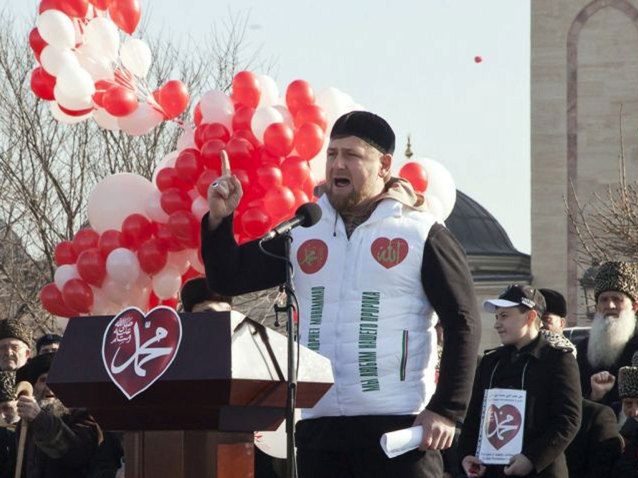 Chechen President Ramzan Kadyrov speaks an anti-Charlie Hebdo rally in Grozny on 19 January