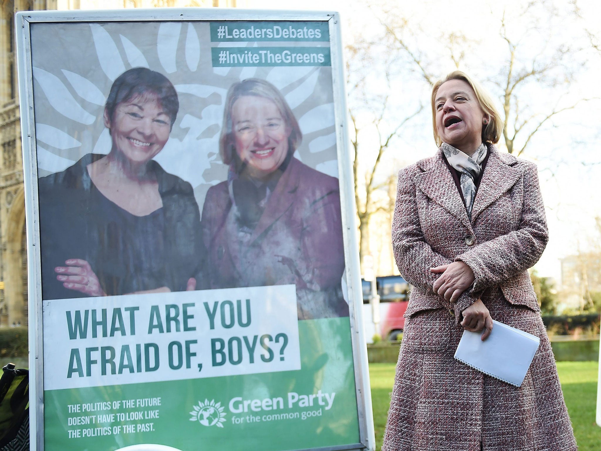 Party leader Natalie Bennett unveils a Green general election poster in London