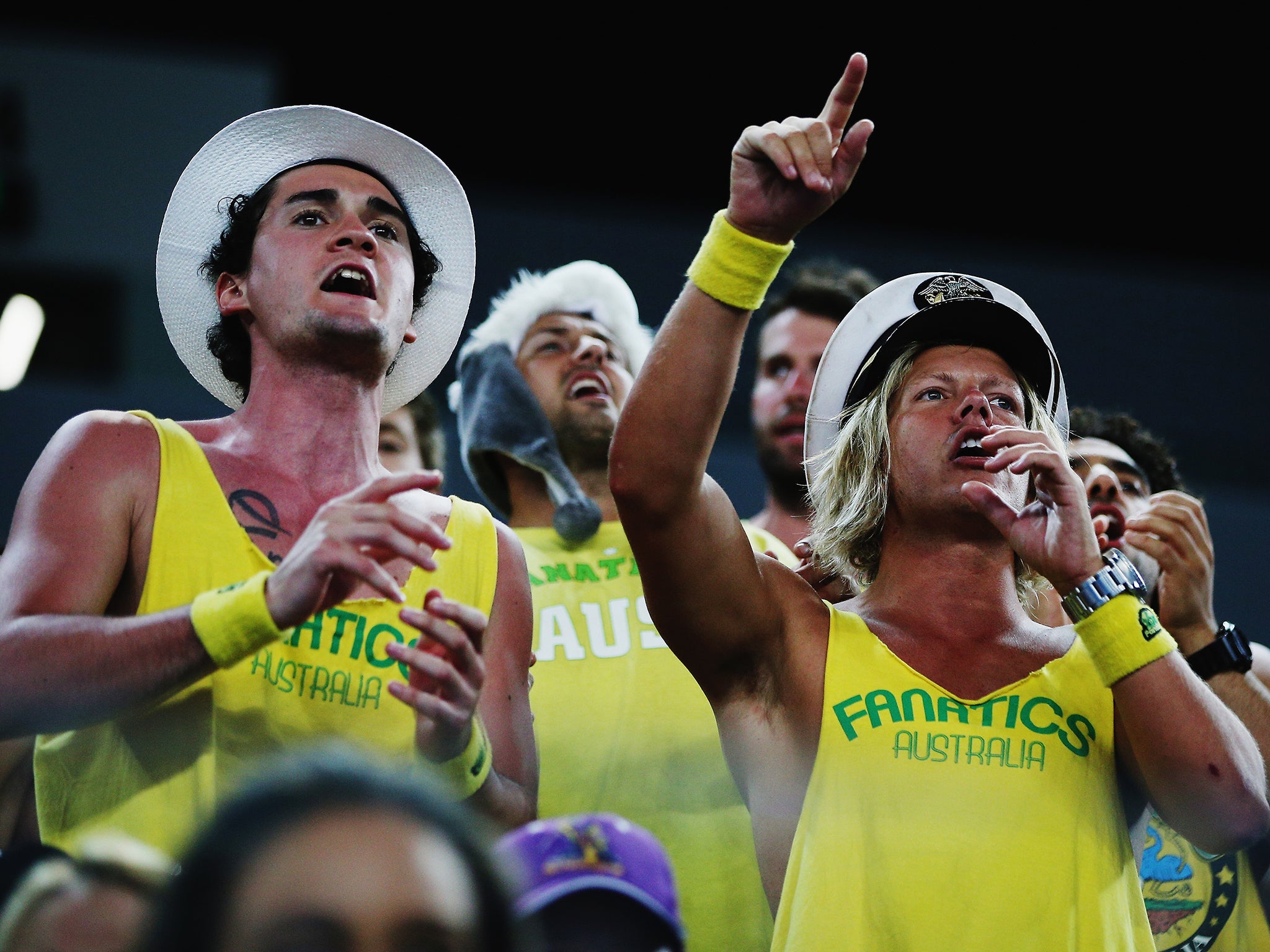 Australian fans cheer on during the first round match between Nick Kyrgios of Australia and Federico Delbonis of Argentina