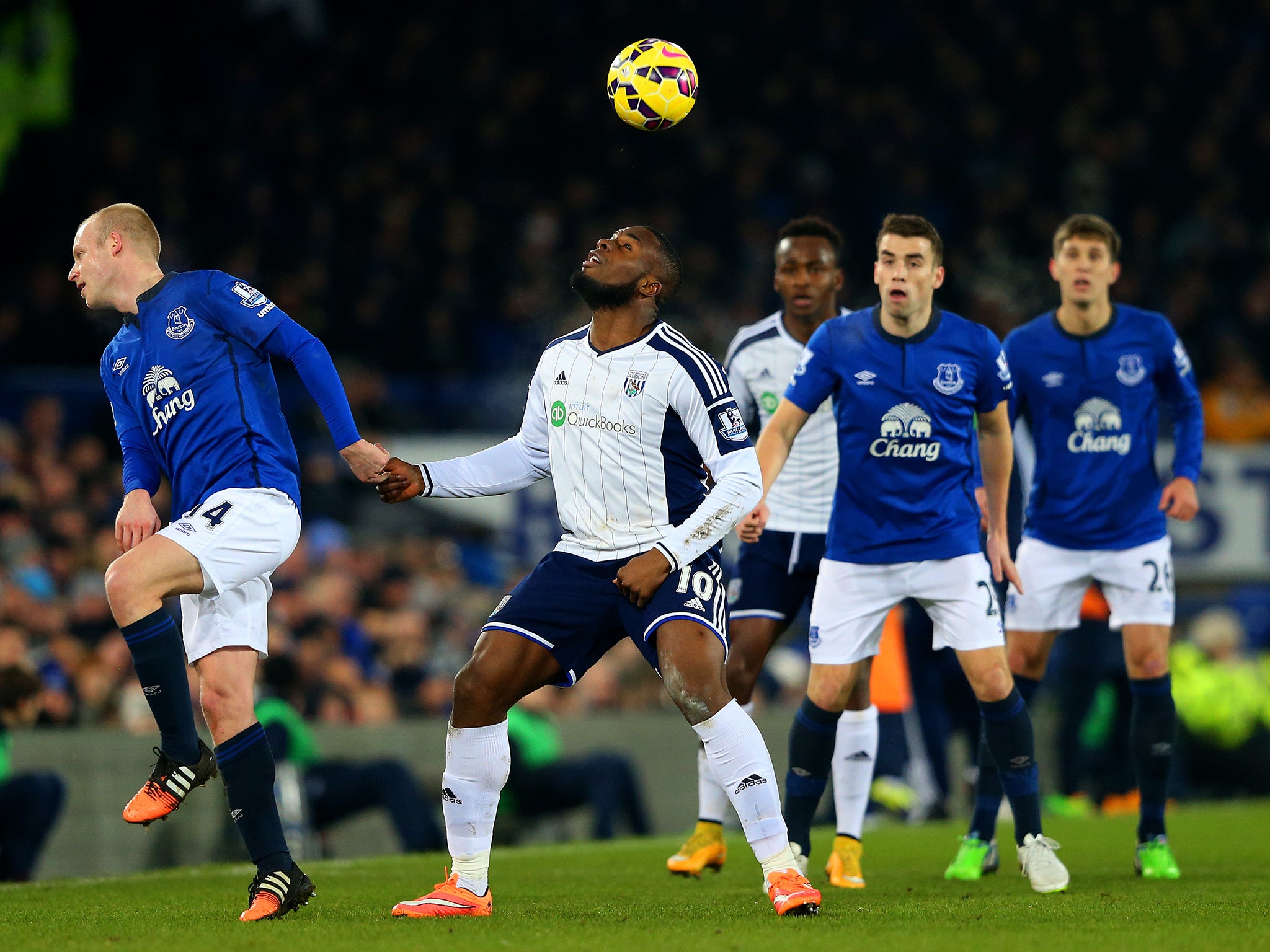 Victor Anichebe of West Brom controls the ball under pressure