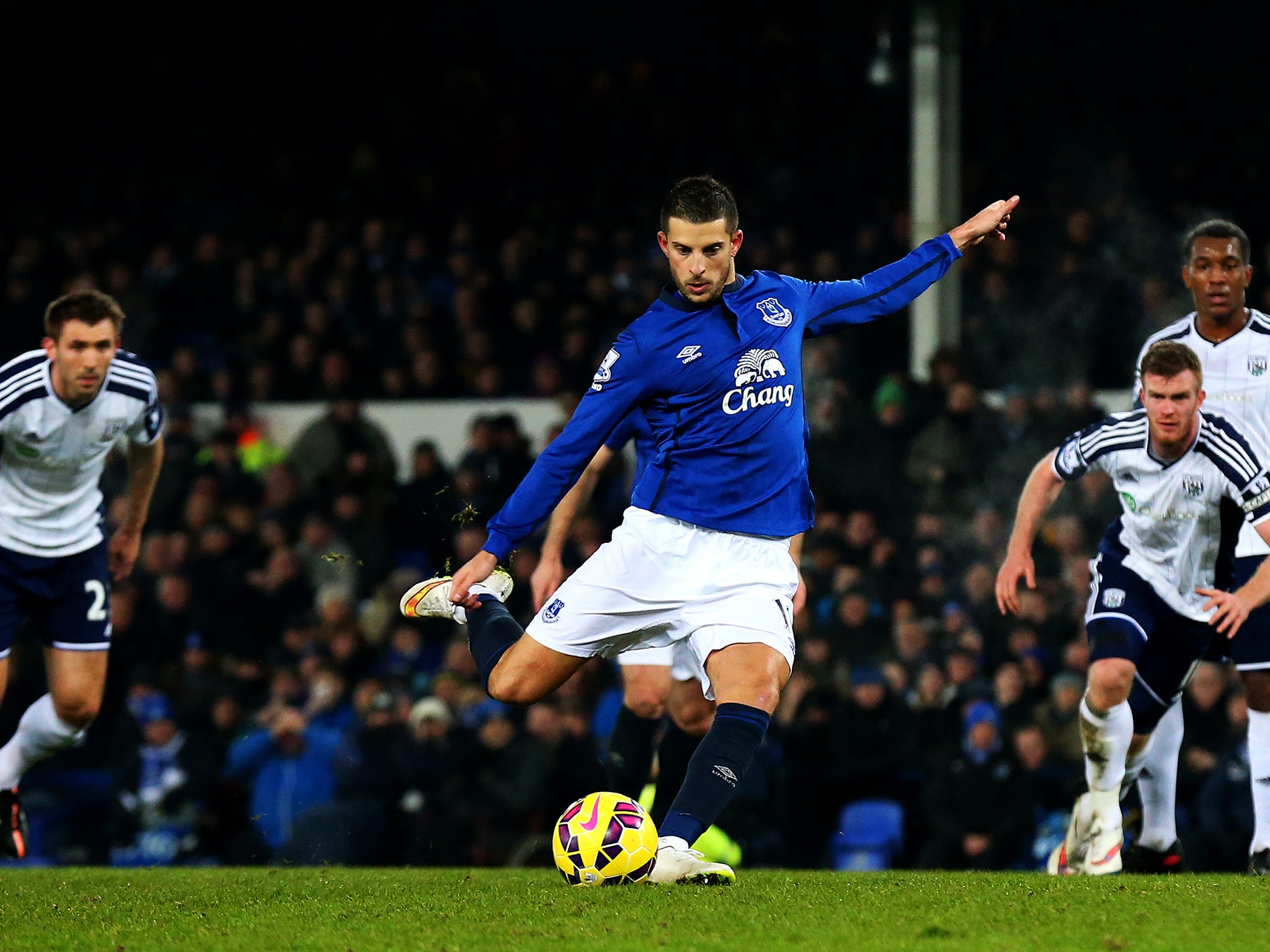 Kevin Mirallas takes and misses a spot-kick during Everton's match with West Brom