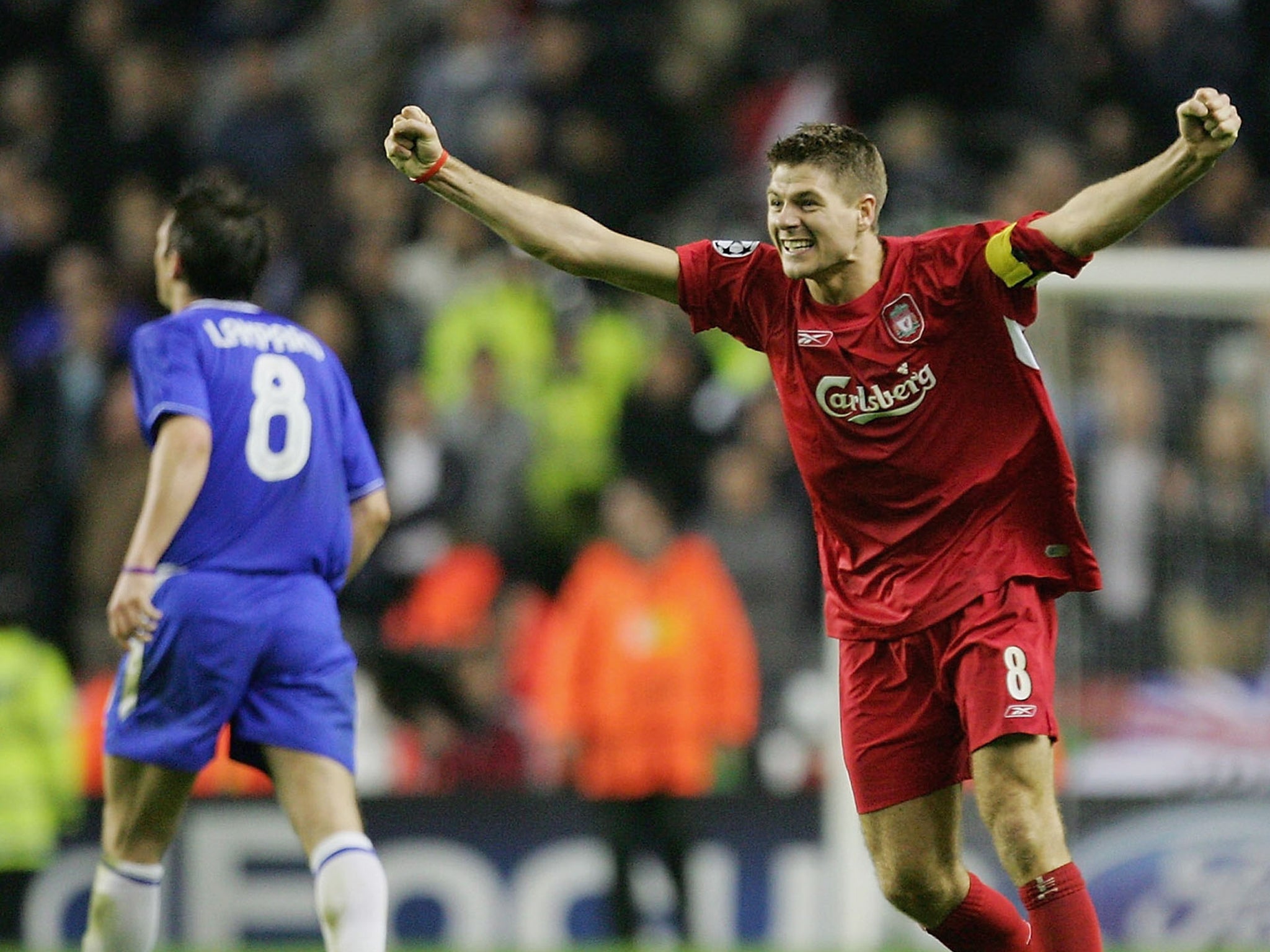Steven Gerrard of Liverpool celebrates at the end of the UEFA Champions League semi-final second leg match between Liverpool and Chelsea