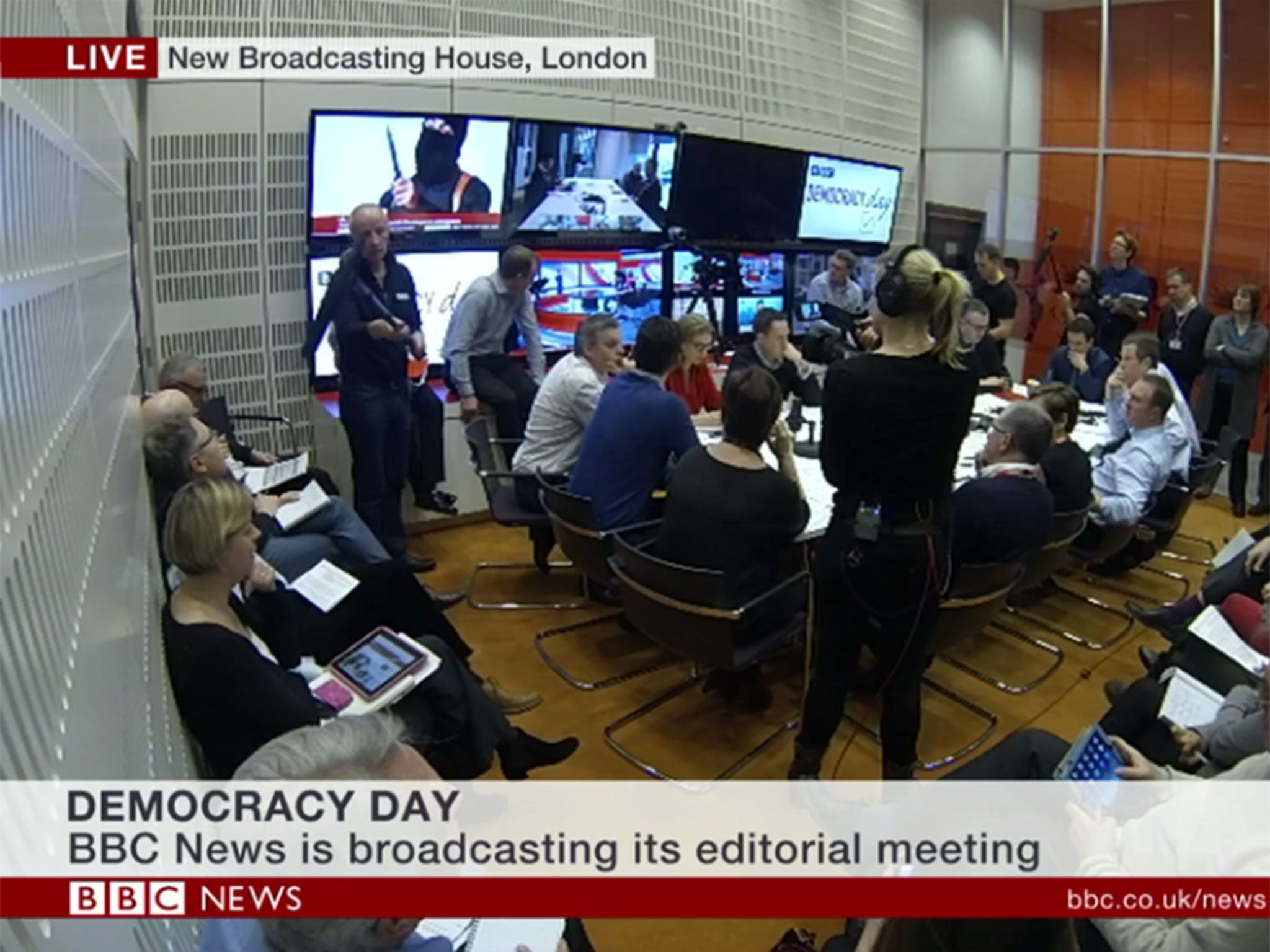 Before the BBC's own coverage appeared on screens - prompting some surprise from editors that they were showing 'a close-up of a guy brandishing a dagger'