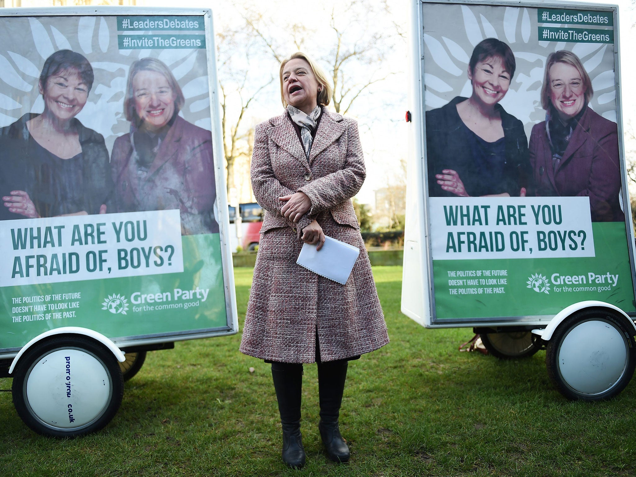 Green Party leader Natalie Bennett unveils the Green Party's general election campaign poster in London