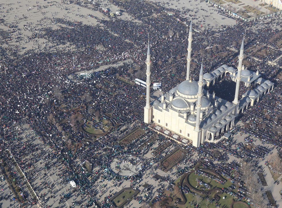 An aerial view shot taken from a helicopter shows people attending a mass rally against French magazine Charlie Hebdo in Grozny, Chechnya