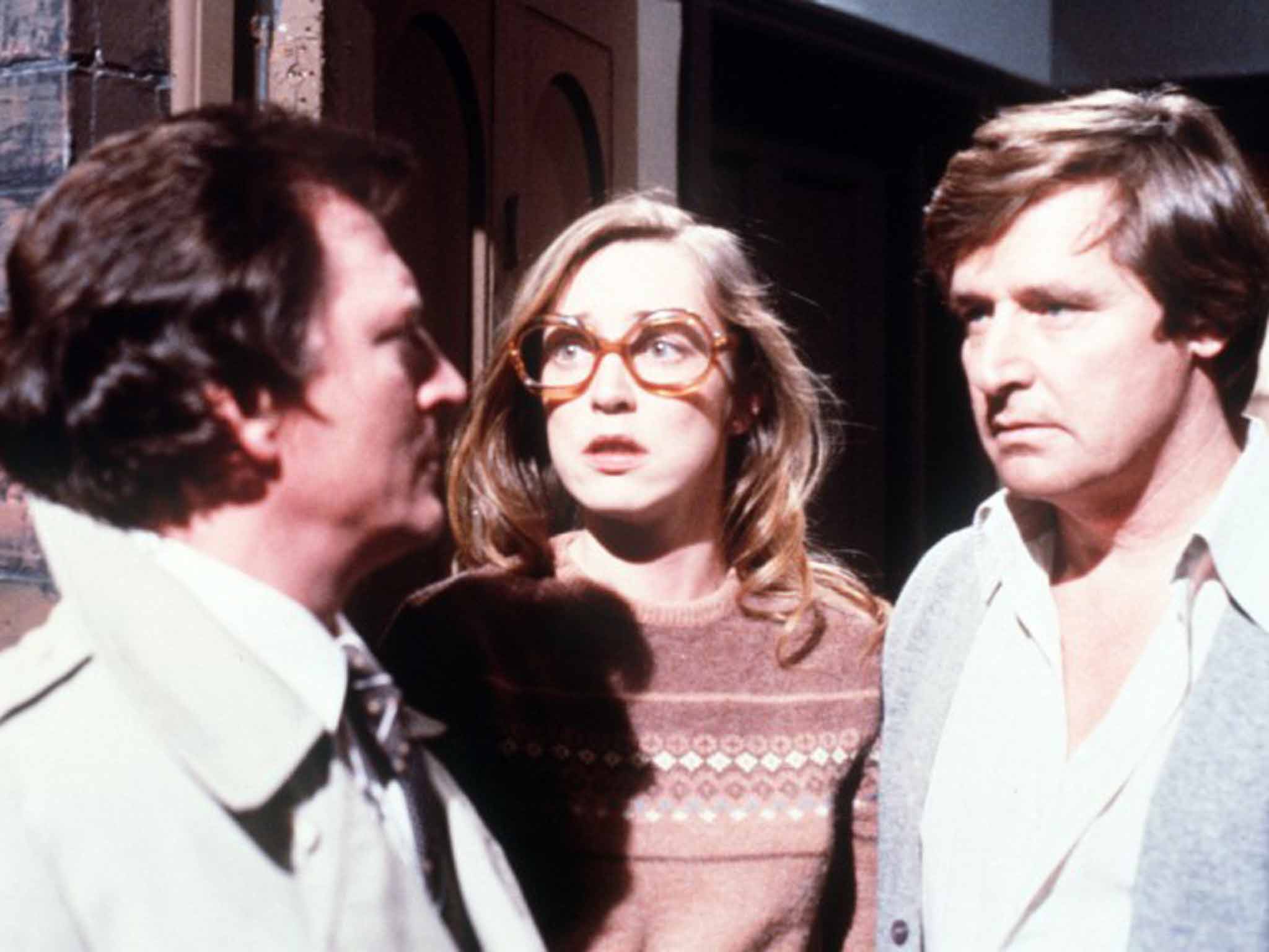 Kirkbride with Johnny Briggs, left, as Mike Baldwin, and William Roache as Ken Barlow: their love triangle was the most celebrated storyline in 'Street' history