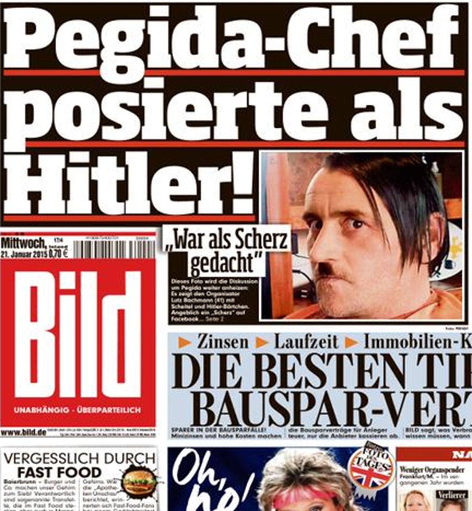Bild's front page showing Pegida leader Lutz Bachmann 'posing as Hitler'