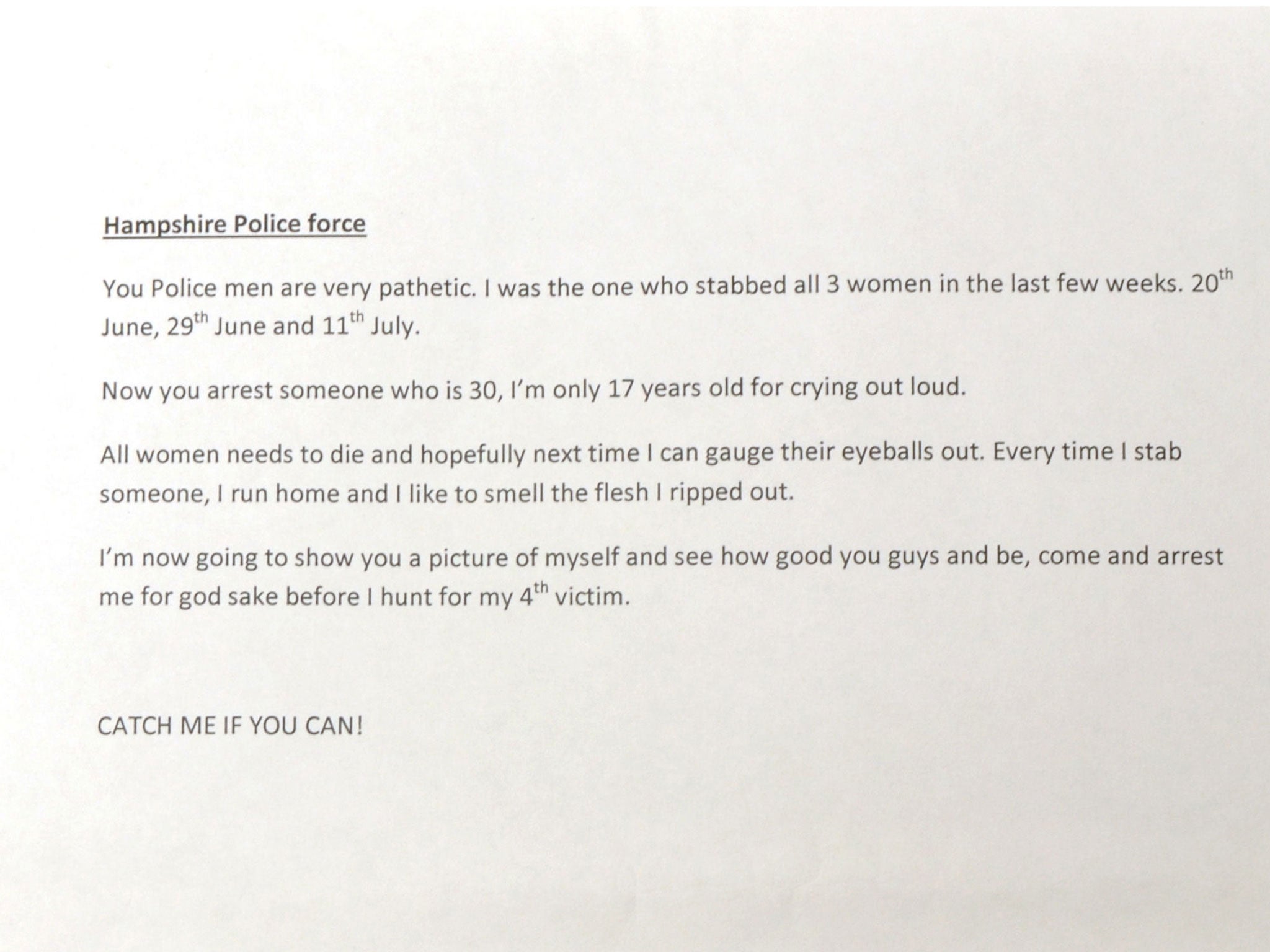 One of the letters left for police