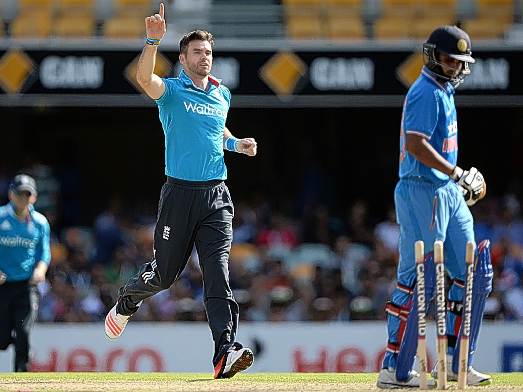 England’s James Anderson takes an Indian wicket in their Tri-Series match this week