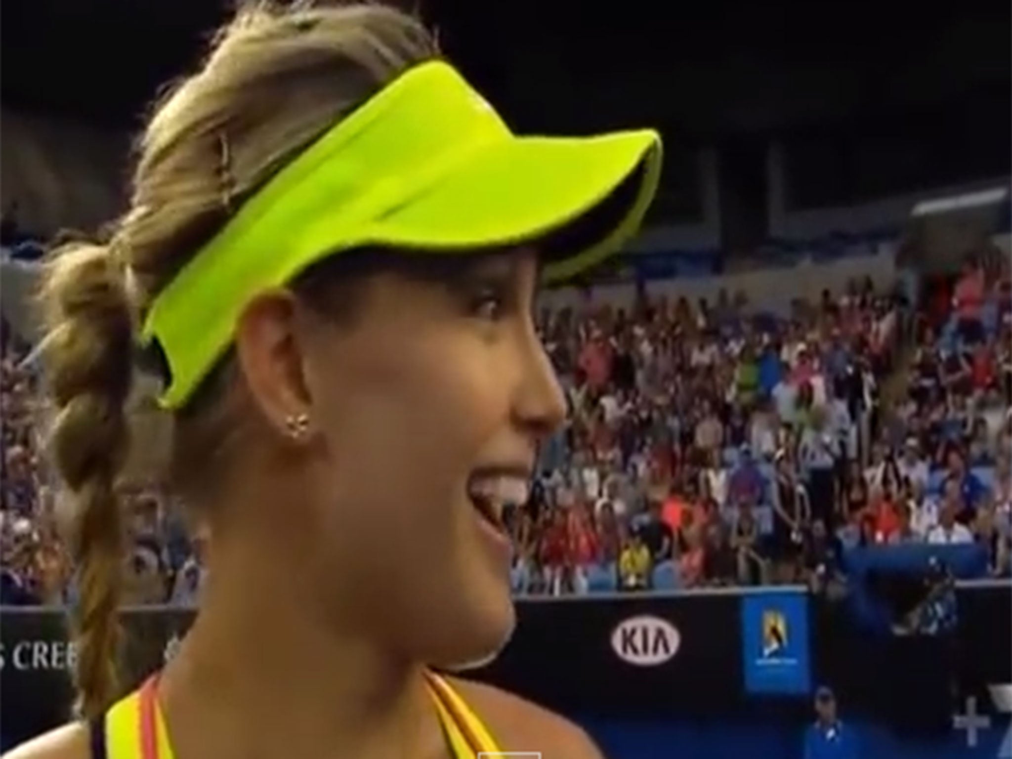 Bouchard looked shocked to be asked to do a twirl after her 6-0, 6-3 victory over Kiki Bertens