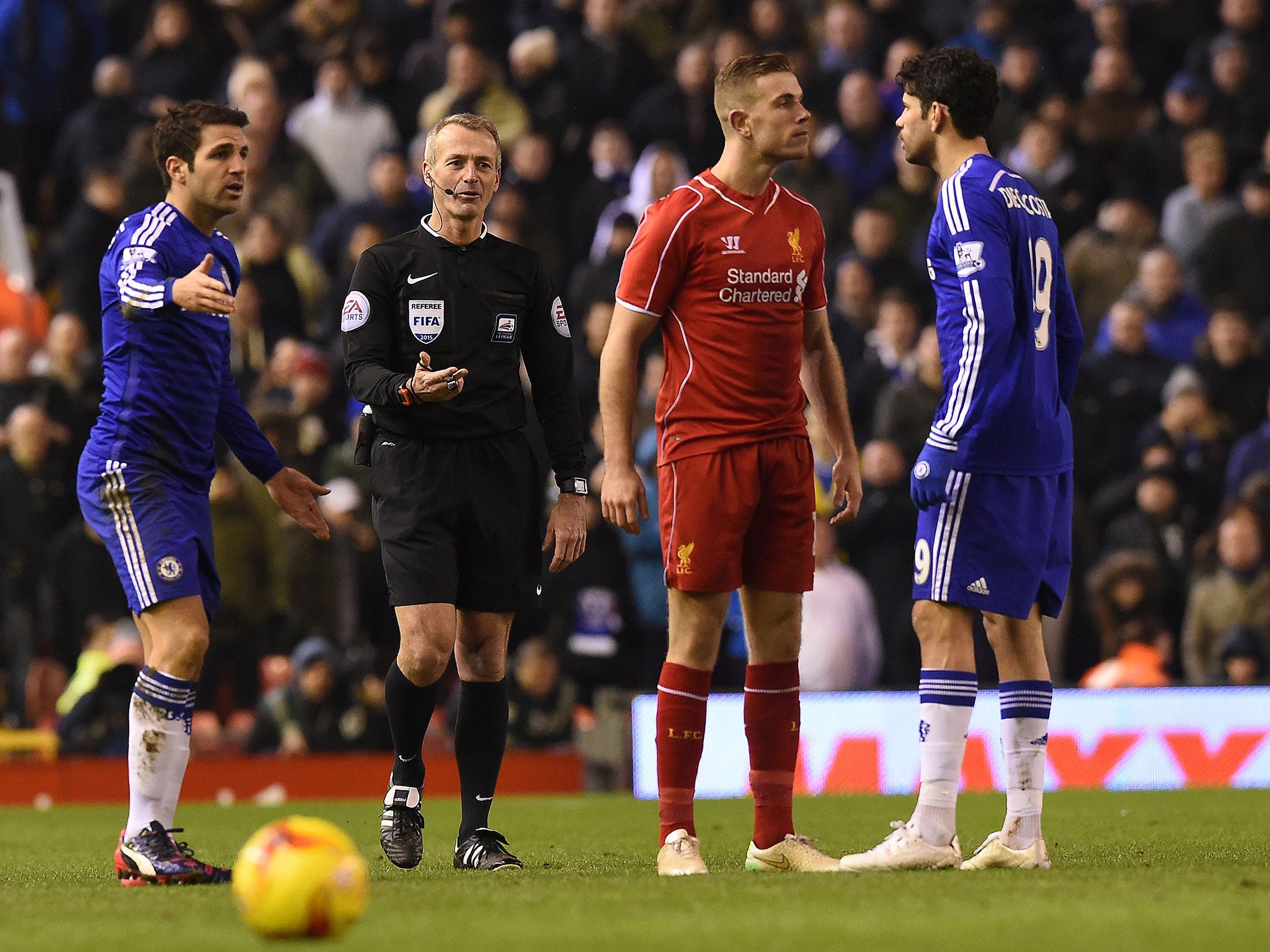 Jordan Henderson and Diego Costa clashed during the 1-1 draw between Liverpool and Chelsea