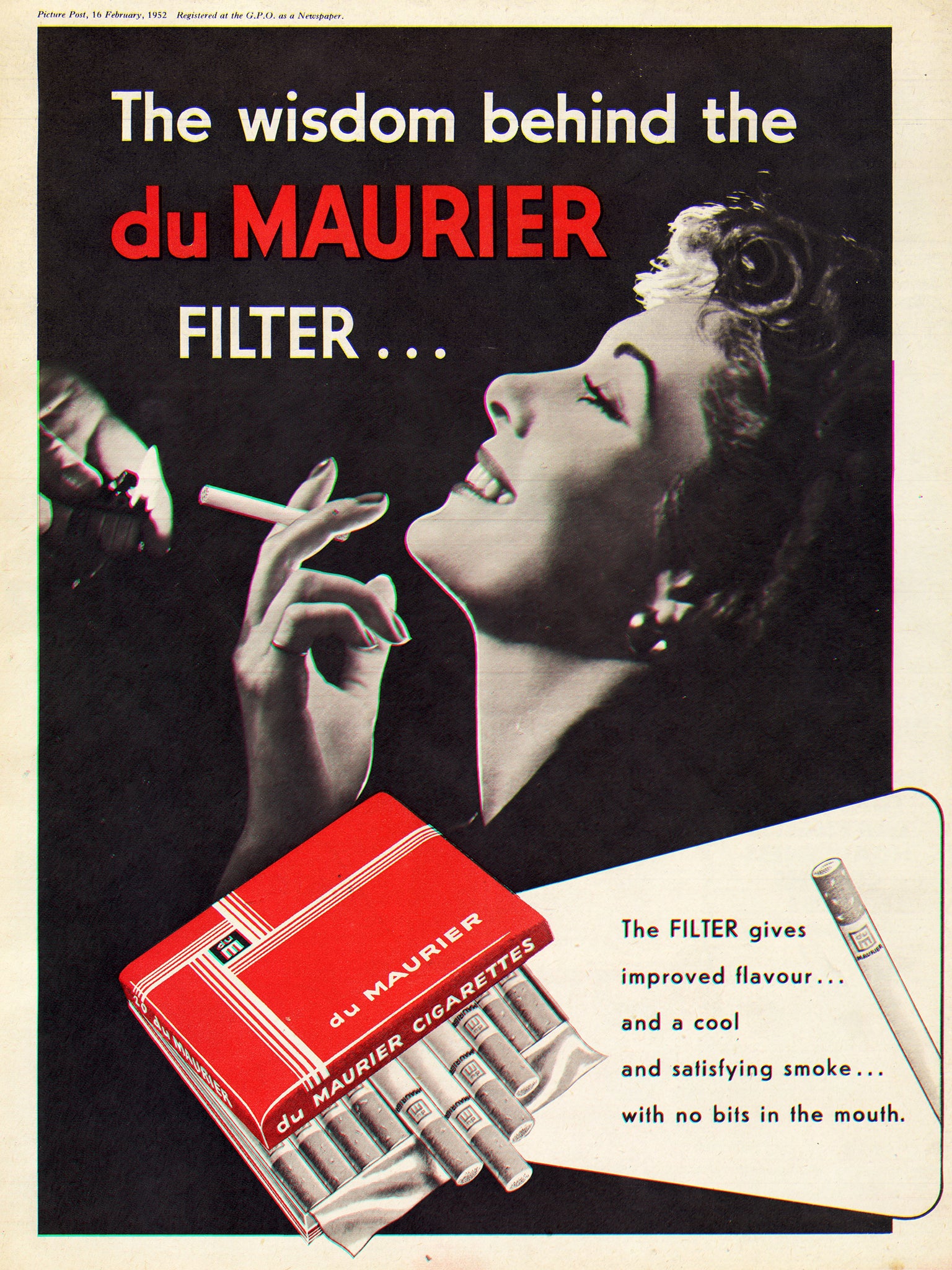 'The wisdom behind the Du Maurier filter', which claims to give the cigarette improved flavour and prevent bits of tobacco in the mouth