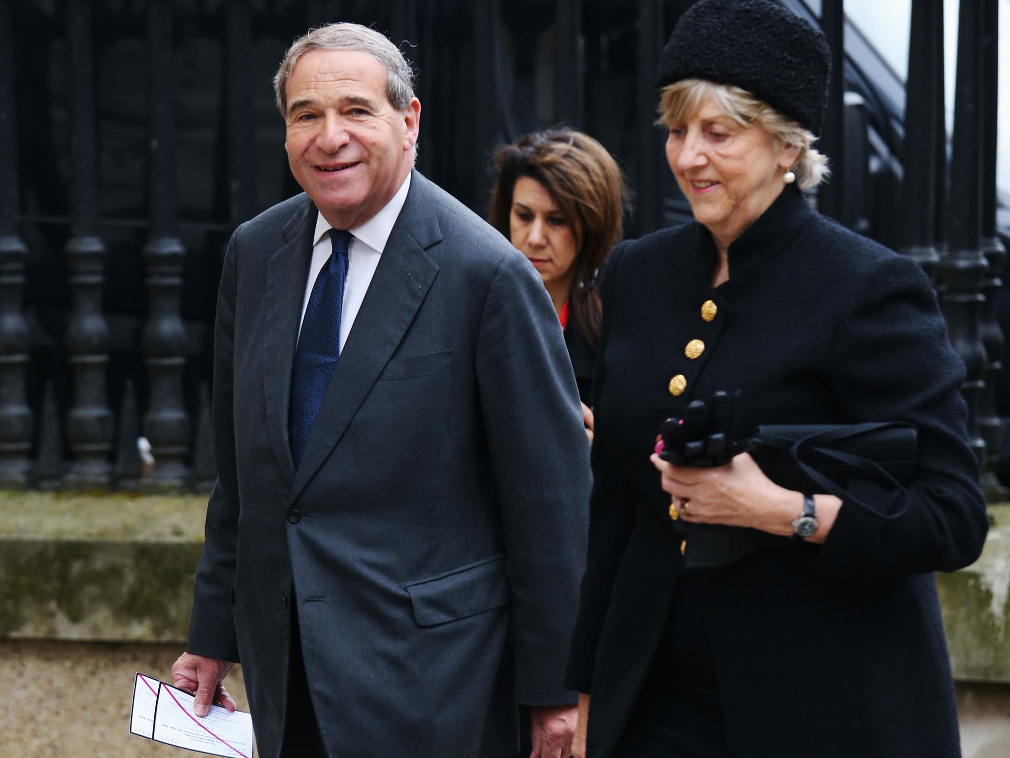 Leon Brittan arrives wife Diana for the funeral service of Baroness Thatcher