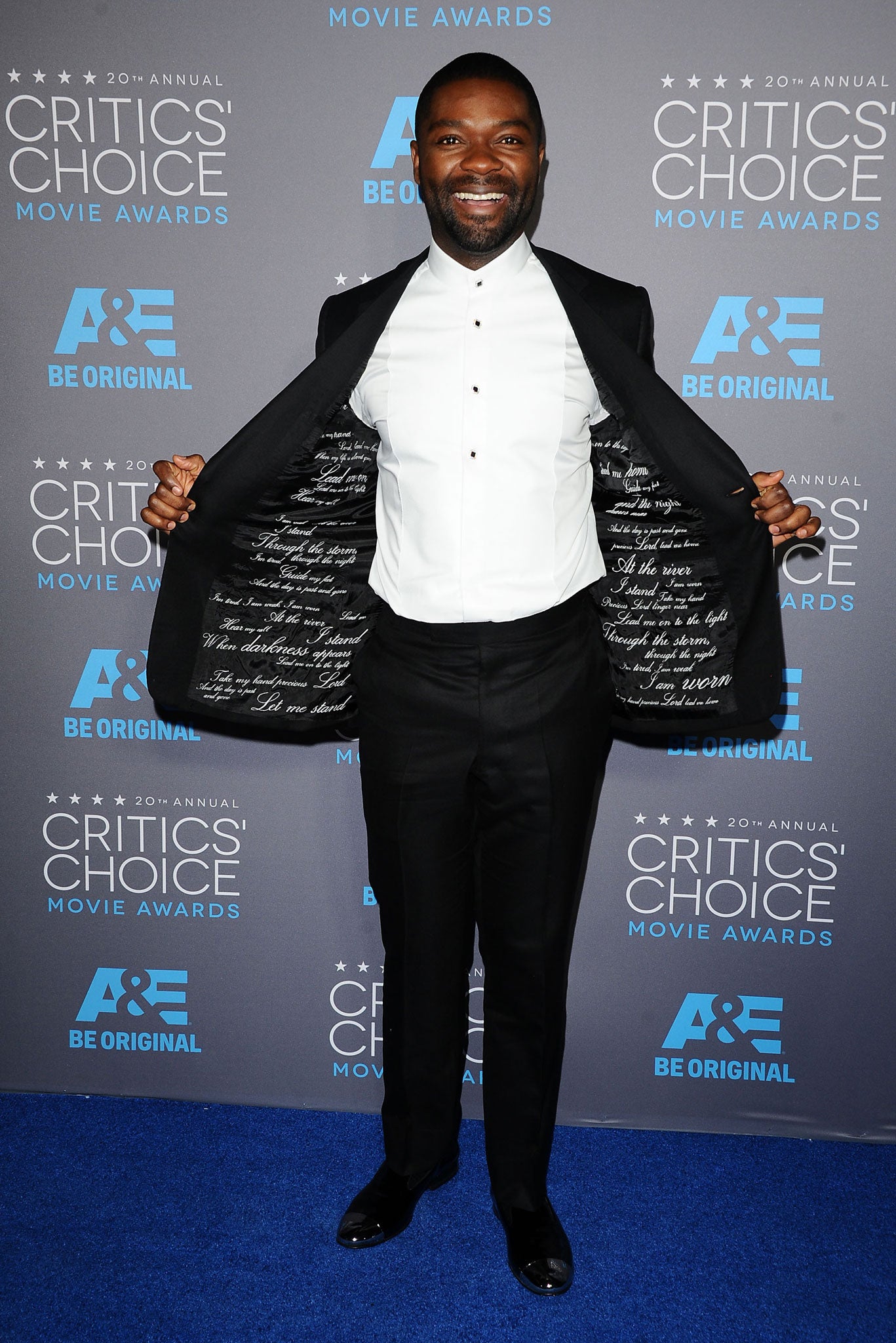Homage: Oyelowo's jacket features the lyrics to one of Martin Luther King's favourite songs