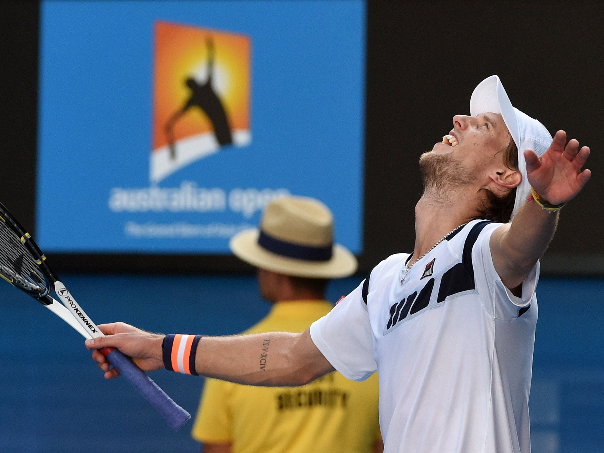 Andreas Seppi celebrates his victory over Roger Federer