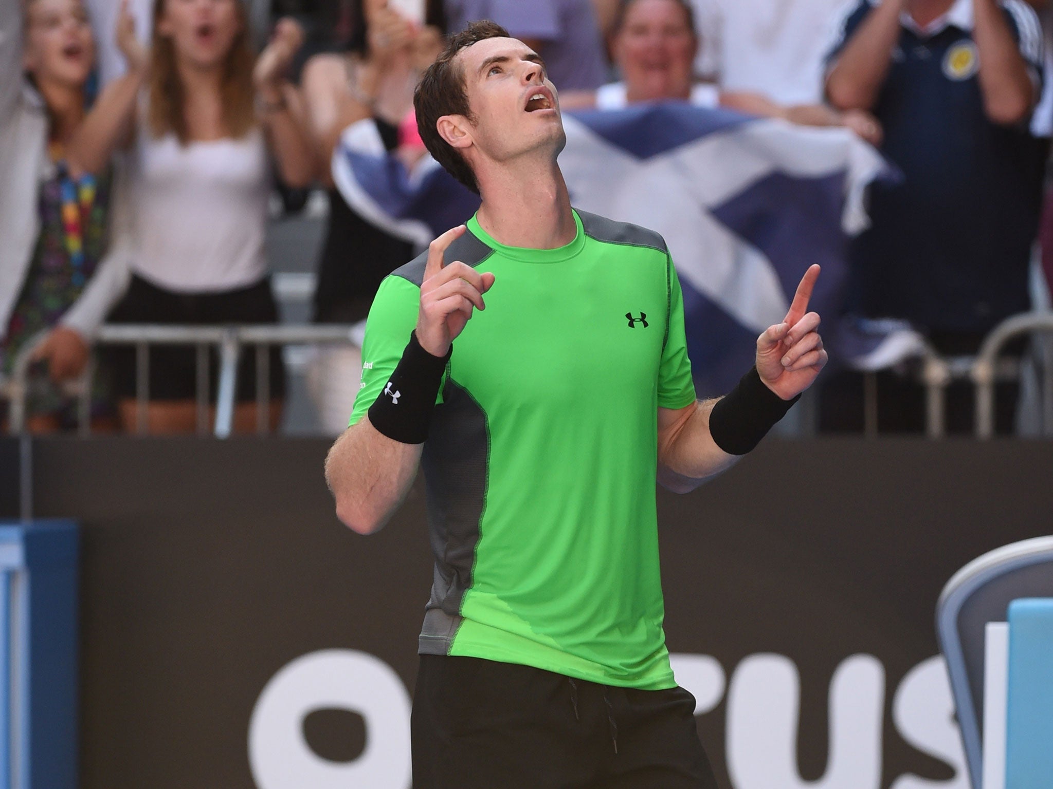 Andy Murray celebrates his third round victory over Joao Sousa
