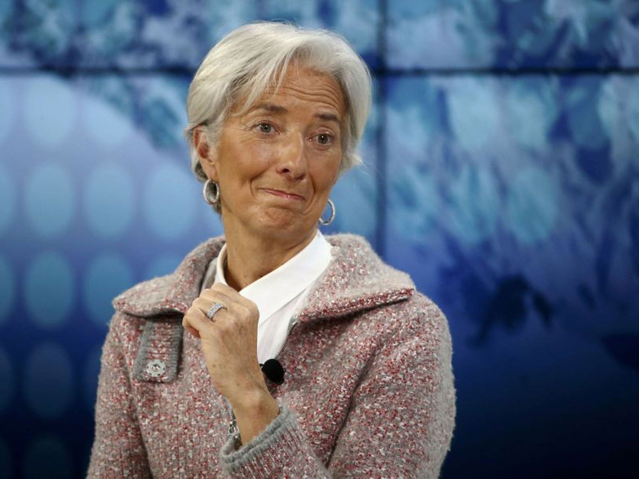 Christine Lagarde, Managing Director of the International Monetary Fund (IMF) reacts during the session "The BBC World Debate: A Richer World, but for Whom?" in the Swiss mountain resort of Davos on 23 January, 2015