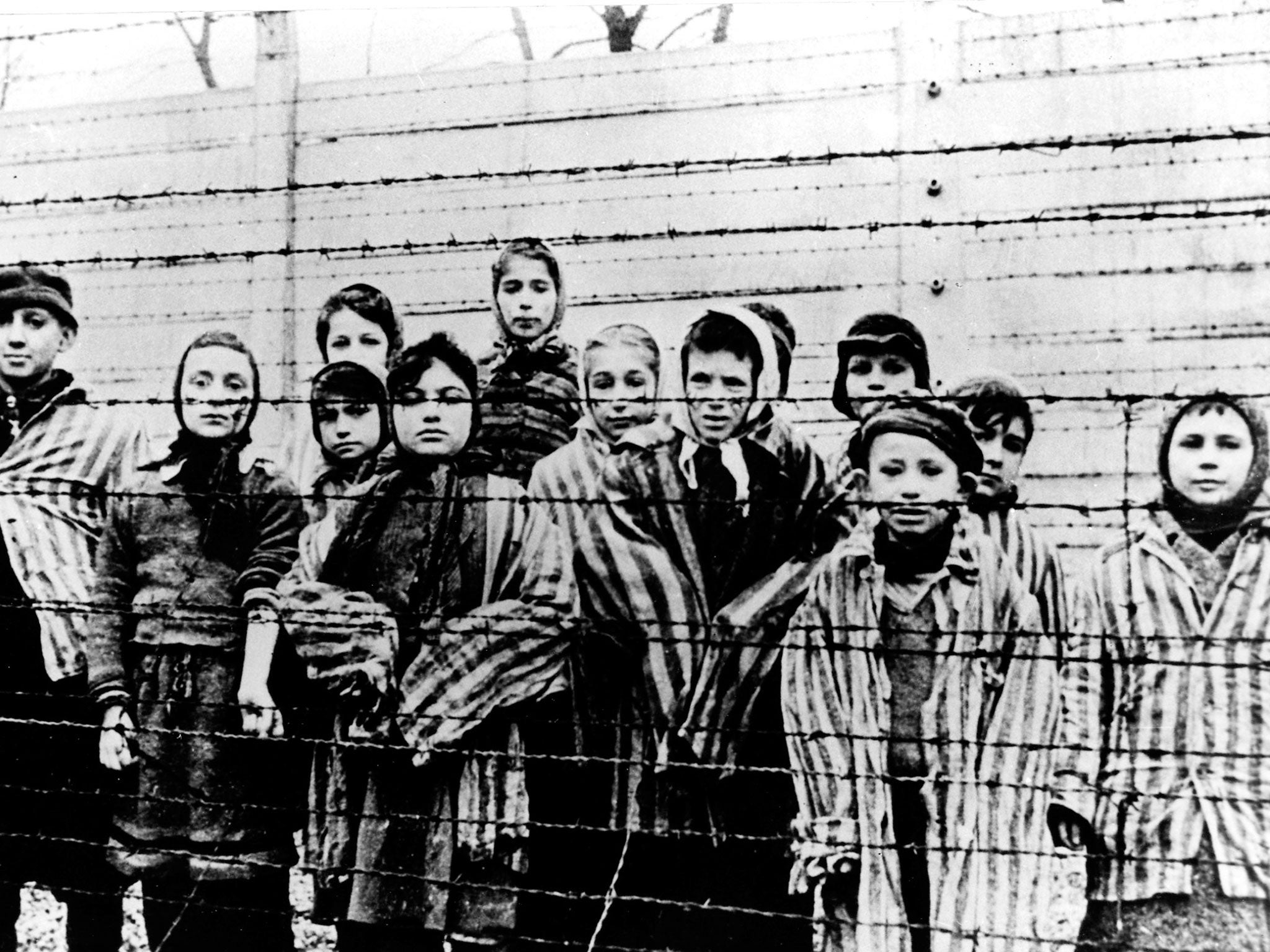 A picture of child prisoners taken just after the liberation of Auschwitz by the Soviet army in January 1945