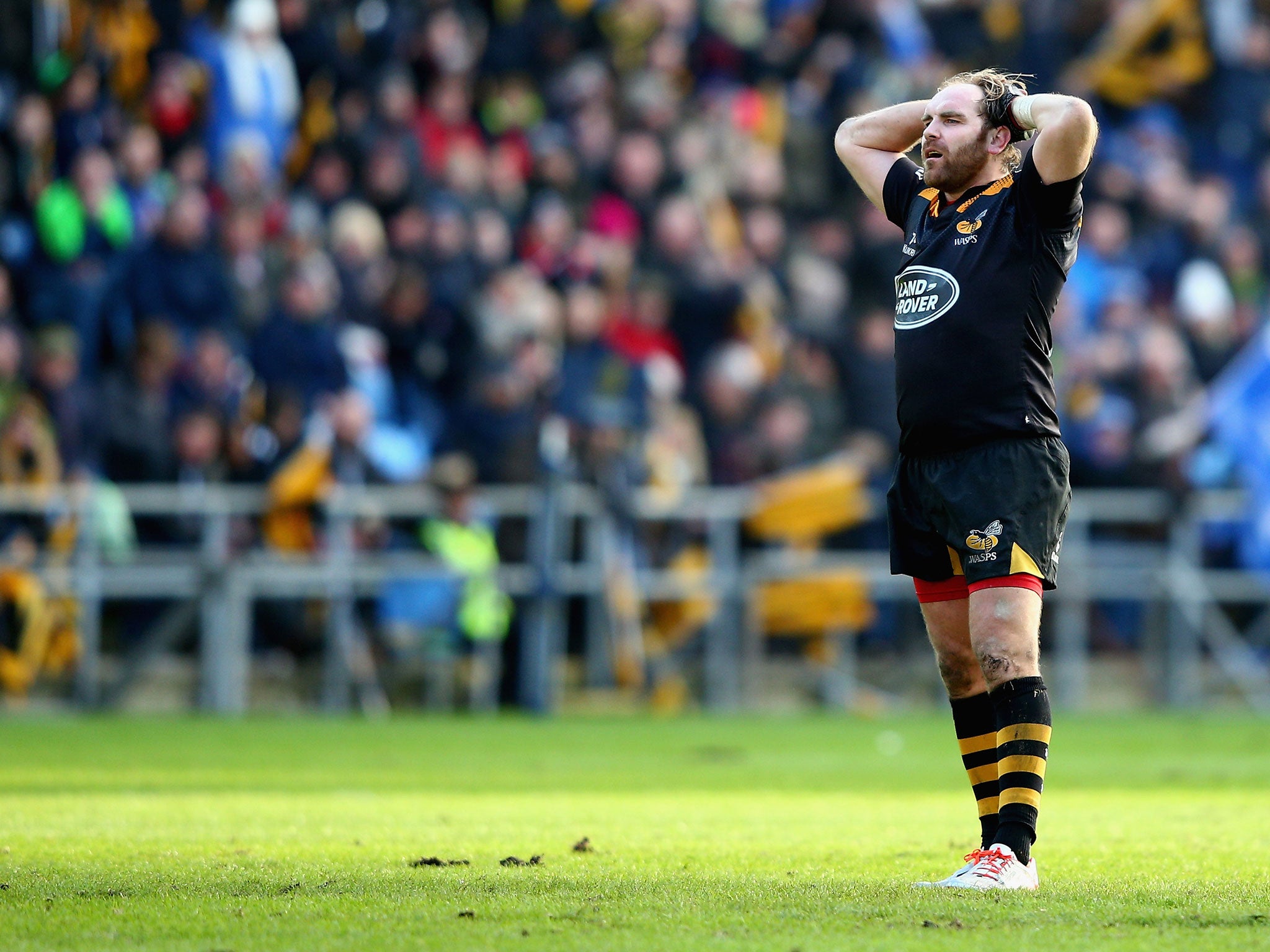 Andy Goode reacts to his missed drop goal in the final play of the 20-20 draw between Wasps and Leinster