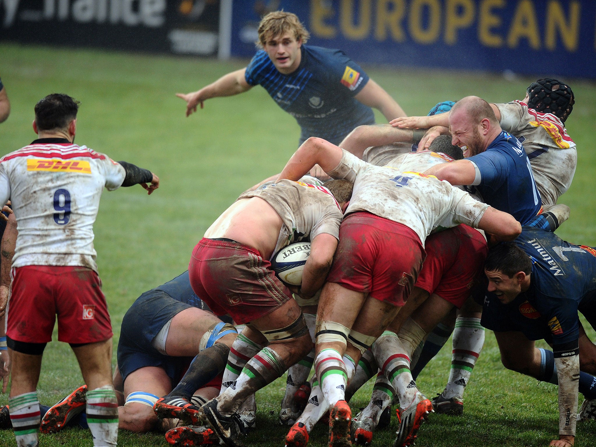 Harlequins' pack carries the ball forwards towards the line